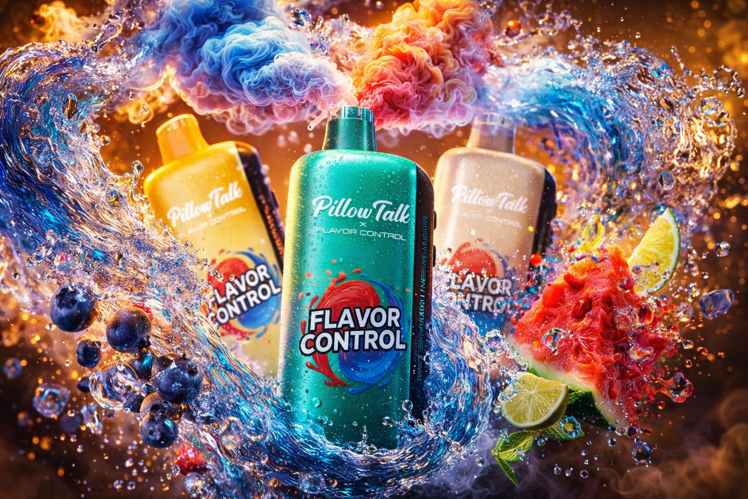 Three Pillow Talk x Flavor Control disposable vape devices displayed in a vibrant, explosive product shot surrounded by swirling water splashes and colorful vapor clouds in blue, pink, and orange hues. The center device features a teal/green finish, flanked by a yellow variant on the left and a beige/cream variant on the right, all branded with the 