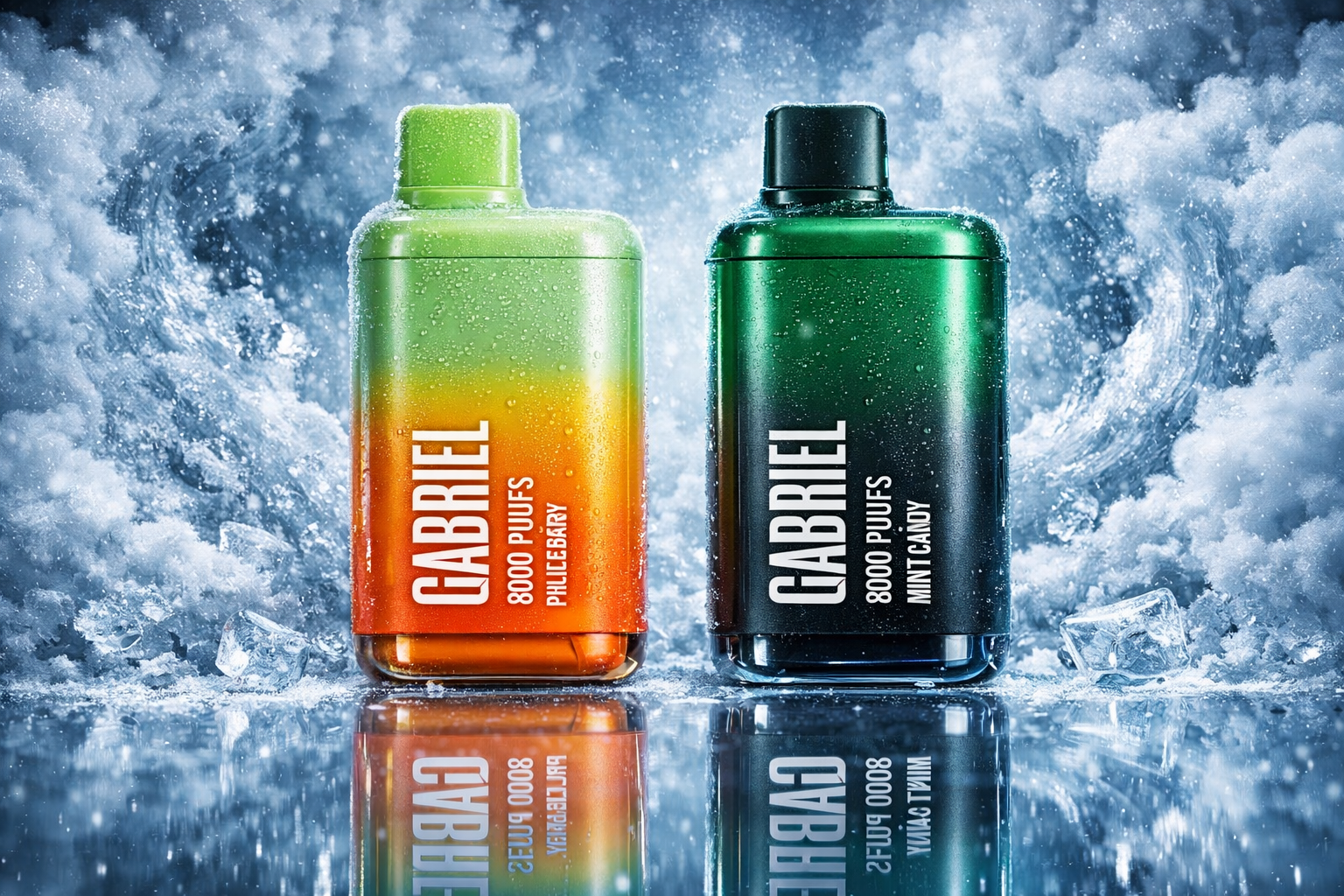 Two GABRIEL vape devices stand upright on a reflective icy surface surrounded by swirling frost and vapor. The left device features a gradient from green to orange and is labeled “PHILLEGBARY,” while the right one is deep green with the label “MINT CANDY.” Ice cubes and condensation emphasize a cold, refreshing atmosphere, highlighting the sleek design and vibrant colors. The composition conveys a sense of chill intensity and modern style with crisp lighting and mirrored reflections.