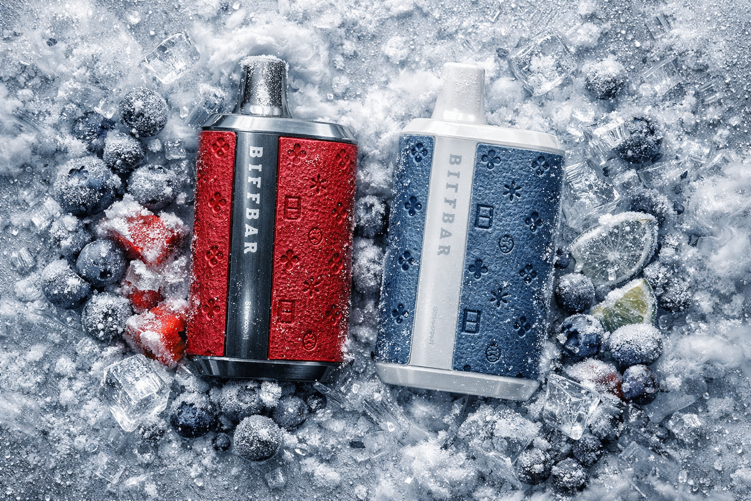 Two BIFFBAR vape devices lie on a frosty surface surrounded by ice cubes, frozen blueberries, strawberries, and lime slices. The left device, in red and silver, contrasts with the right one, in blue and white, both featuring embossed patterns and metallic accents. Frost and ice crystals cover the fruits and devices, creating a cold, refreshing atmosphere that evokes cool flavor sensations. The composition highlights the sleek design and textured finish of the products against a crisp, icy backdrop.