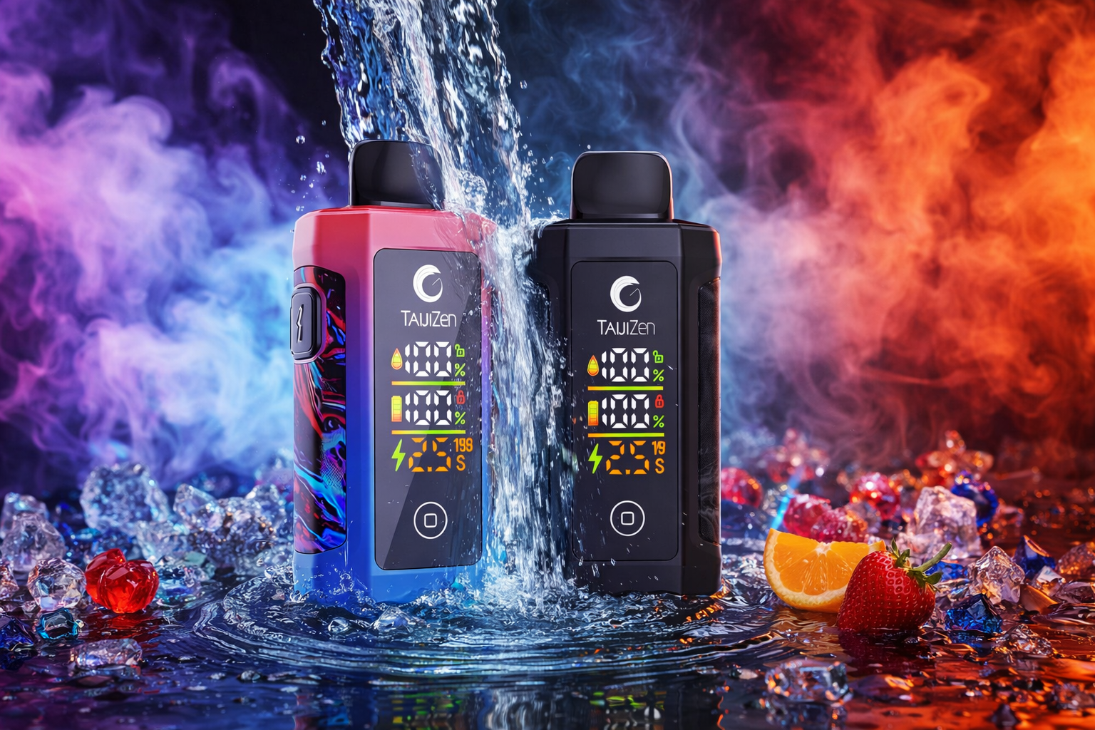 Two modern “TAU iZen” vape devices stand side by side under a stream of water, surrounded by ice cubes, fruit, and colorful vapor. The left device features a vibrant blue and red abstract design, while the right one is sleek black, both displaying bright digital screens with battery and power indicators. The background transitions from cool purple and blue tones to warm orange and red, creating a dynamic contrast of energy and freshness. The composition emphasizes durability, modern technology, and flavor intensity.