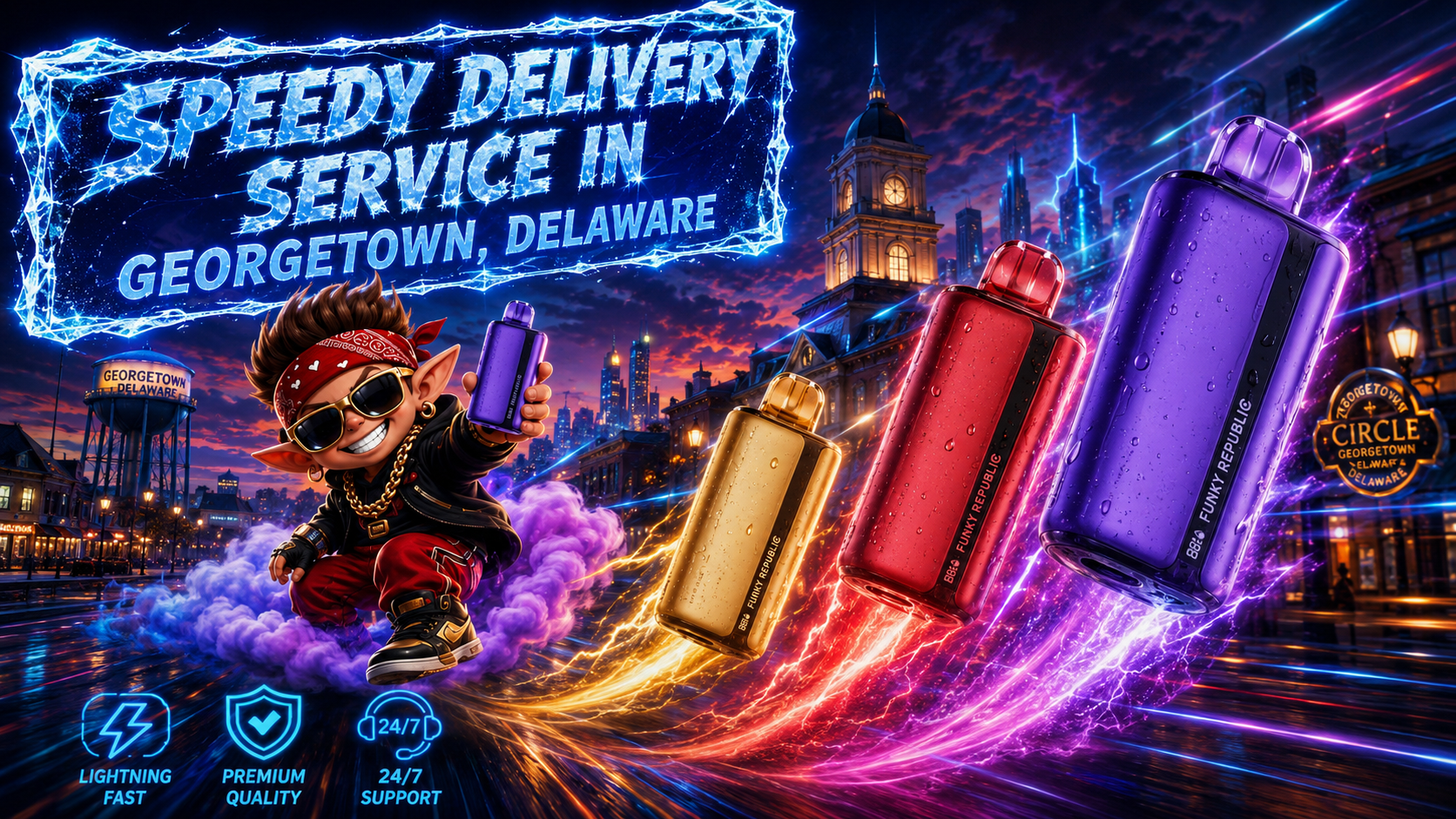 A vivid digital illustration shows a futuristic nighttime cityscape of Georgetown, Delaware, with glowing buildings, a clock tower, and a water tower labeled “Georgetown.” In the foreground, three large Funky Republic vape devices—gold, red, and purple—appear covered in water droplets, surrounded by streaks of neon light. A cartoon character wearing sunglasses, a red bandana, and gold chains rides a hoverboard while holding a purple vape, exhaling vapor with a confident grin. The image features bold text reading “Speedy Delivery Service in Georgetown, Delaware” and icons for lightning‑fast service, premium quality, and 24/7 support, creating a dynamic, high‑energy promotional scene.