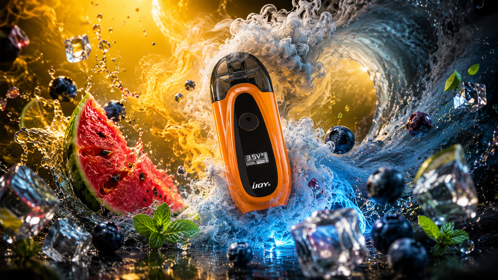 An orange and black iJoy vape device stands at the center of a dynamic, high-energy composition. Surrounding it are splashes of water, swirling vapor, and bright golden light that create a sense of motion and intensity. Fresh fruits like watermelon slices, blueberries, mint leaves, and ice cubes float around, emphasizing freshness and flavor. The contrast between warm yellow tones and cool blue waves highlights the product’s sleek design and vibrant appeal.