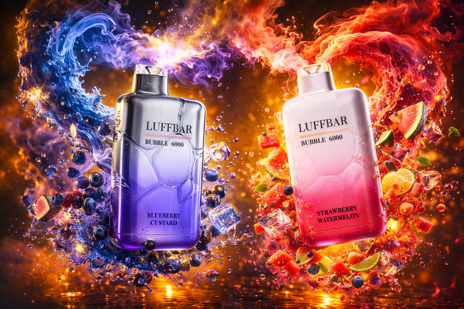 Two LUFFBAR Bubble 6000 vape devices are displayed in a dramatic, high-energy composition. The left device, in metallic silver and purple labeled Blueberry Custard, is surrounded by swirling blue liquid, blueberries, and ice cubes, symbolizing cool sweetness. The right device, in silver and pink labeled Strawberry Watermelon, is framed by fiery red waves, watermelon slices, strawberries, lime wedges, and mint leaves, evoking warmth and fruity freshness. The contrasting blue and red tones create a dynamic visual balance that highlights flavor intensity and modern design.