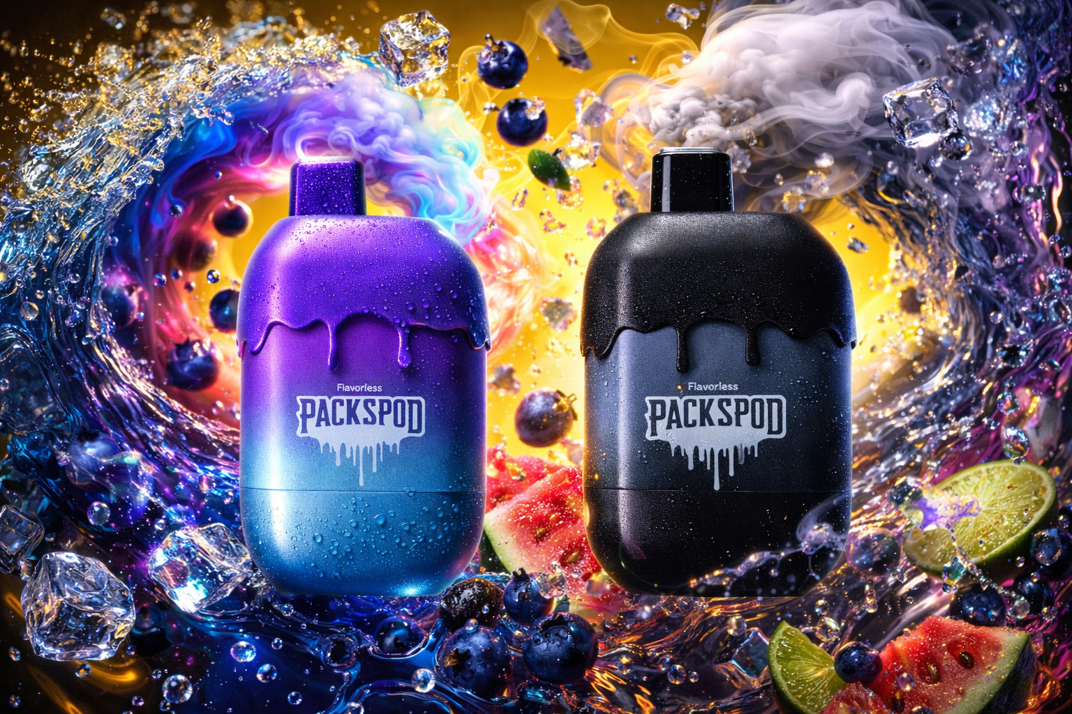 Two Flavorless Packspod disposable vape devices displayed against a vibrant golden and blue background filled with swirling water splashes, colorful smoke clouds, and floating fruits. The left device features a distinctive rounded capsule shape with a purple-to-blue gradient finish, while the right showcases the same unique form factor in a matte black colorway, both adorned with a signature drip graphic design and bold gothic-style 'Packspod' branding. Blueberries, watermelon chunks, and lime wedges are scattered throughout the foreground alongside crystal-clear ice cubes and dynamic water splashes. The contrasting color schemes of the two devices — vibrant purple-blue versus stealthy matte black — create a compelling visual contrast while the shared drip aesthetic reinforces the brand's distinctive identity