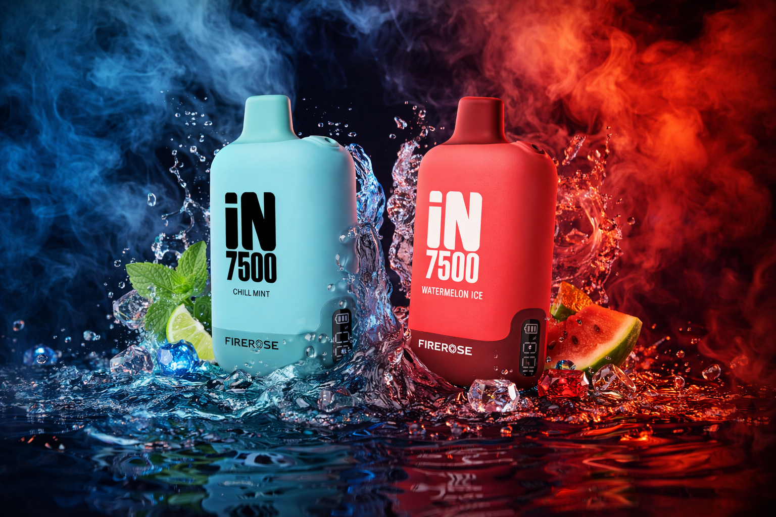 The image shows two colorful vape devices labeled “FIREROSE iN 7500” surrounded by splashing water, ice, and fruit pieces. The light‑blue device is associated with mint leaves, lime slices, and cool blue mist, while the red device appears with watermelon slices and warm red vapor. Both devices are partially submerged, creating a dynamic, refreshing look. The contrasting colors highlight the themes of chill mint and watermelon ice.