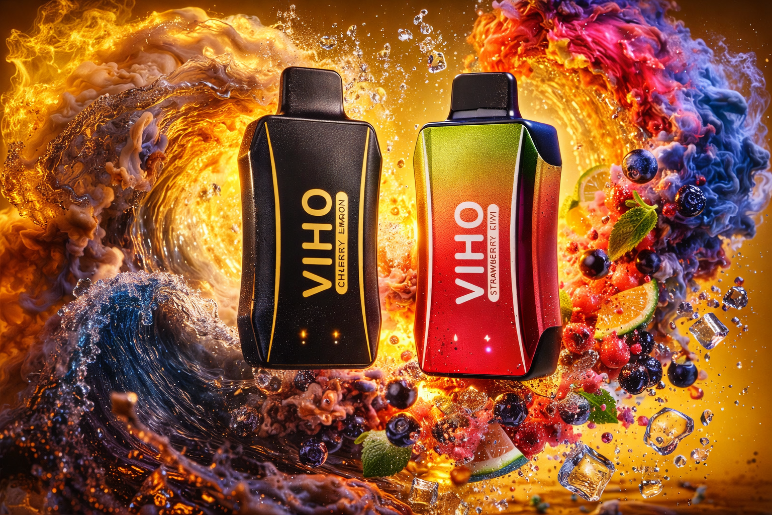 Two VIHO vape devices stand side by side amid a vivid explosion of color and motion. The left device is black with yellow accents labeled “Cherry Lemon,” while the right one features a gradient of red, green, and gold marked “Strawberry Kiwi.” Around them swirl dynamic waves of fiery orange and cool blue vapor, mixed with floating fruits, mint leaves, lime slices, blueberries, and ice cubes. The composition radiates energy and freshness, emphasizing a bold, high‑contrast aesthetic.