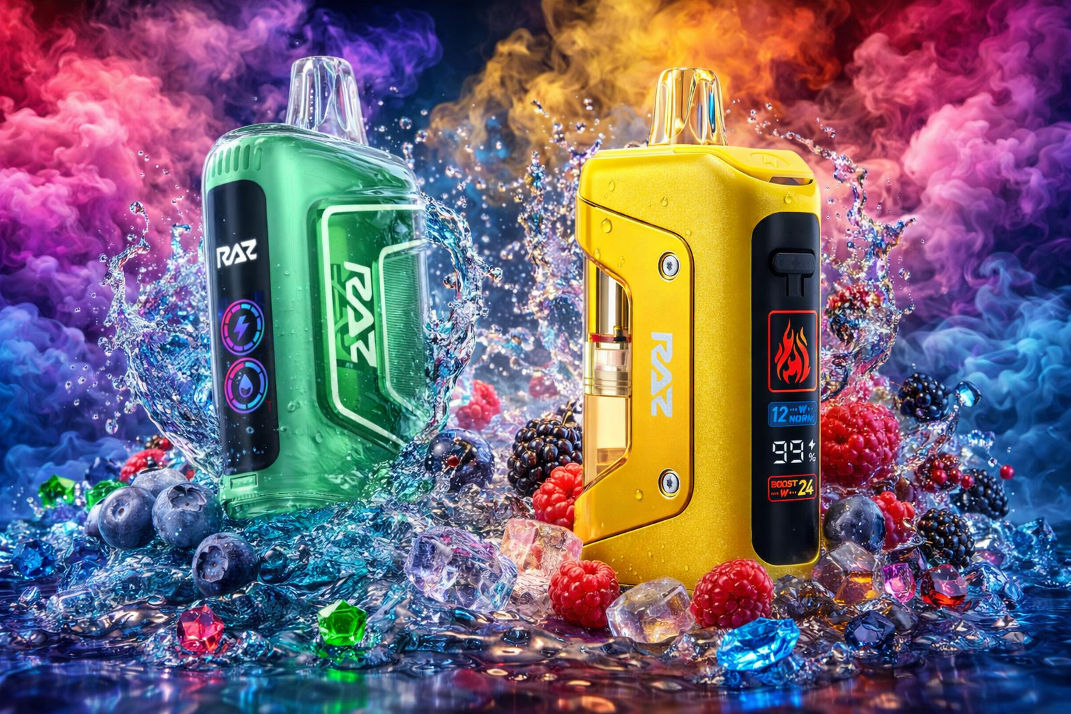 The image shows two colorful vape devices labeled “RAZ,” surrounded by splashing water, ice cubes, berries, and gem‑like decorations. The green device displays glowing circular icons, while the yellow one shows a small screen with indicators such as “12W Normal,” “99%,” and “Boost 24W.” Vibrant swirling smoke in pink, purple, blue, and orange fills the background. The overall scene feels energetic and bold, highlighting a vivid, flavor‑driven design.