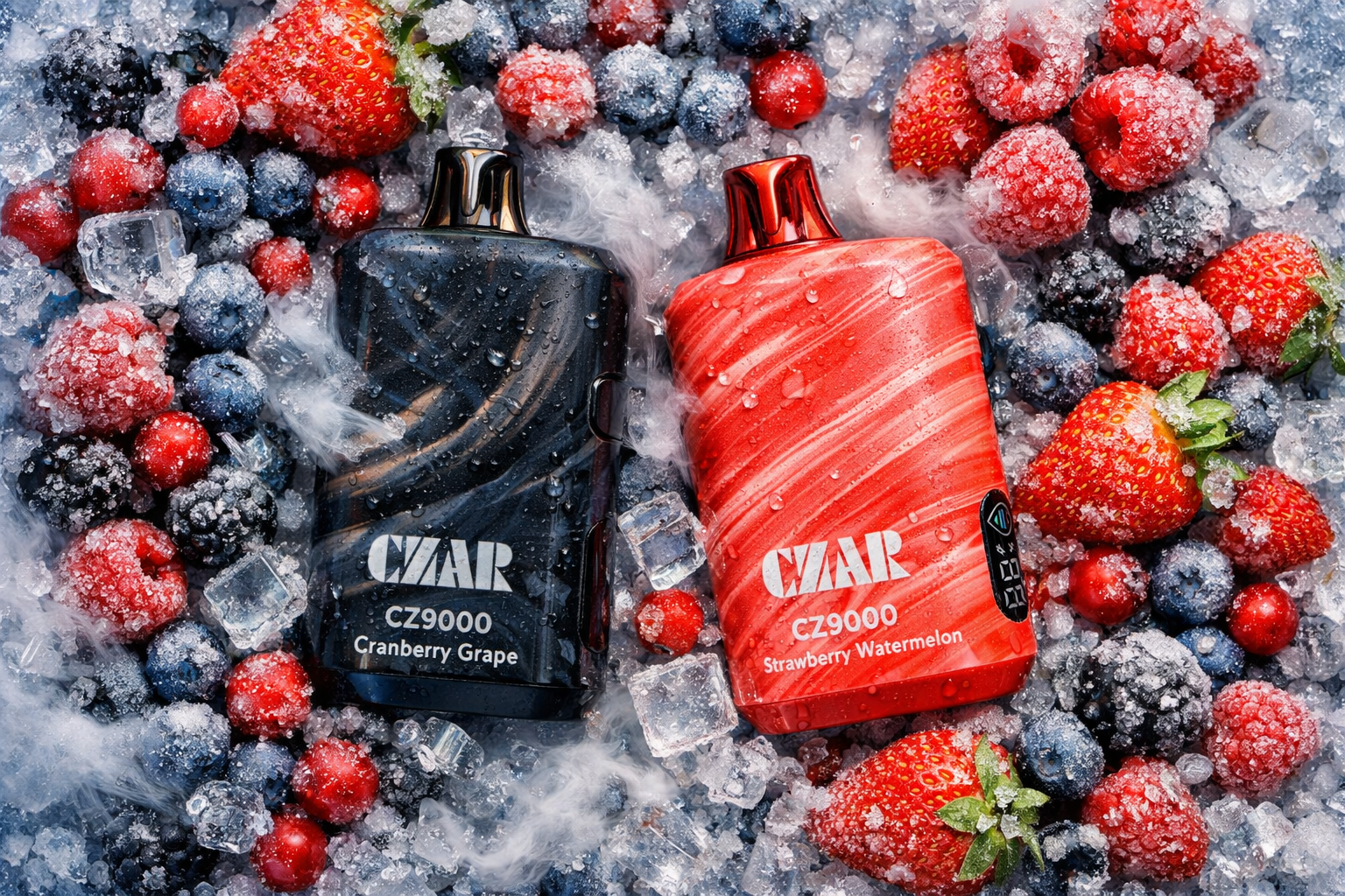 Two CZAR CZ9000 vape devices—one dark blue labeled Cranberry Grape and one red labeled Strawberry Watermelon—rest on a frosty bed of mixed berries and ice cubes. Strawberries, blueberries, raspberries, and blackberries are covered in frost, creating a cold, refreshing atmosphere. The sleek devices glisten with condensation, emphasizing their smooth, modern design. The composition highlights vibrant color contrast and the cool, fruity freshness associated with each flavor.