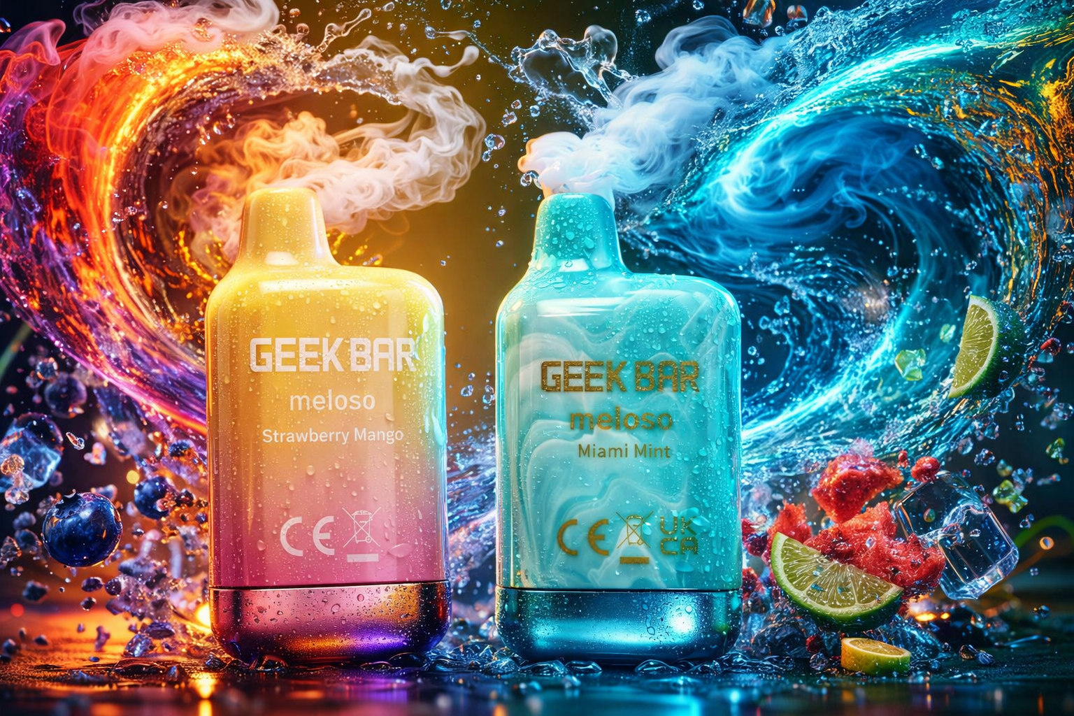 Two “Geek Bar Meloso” vape devices stand side by side amid swirling waves of vapor, water, and fruit. The left device, labeled “Strawberry Mango,” glows in warm orange and pink tones with fiery splashes, while the right “Miami Mint” device shines in cool turquoise hues surrounded by ice cubes, lime slices, and mint leaves. Both emit thick clouds of vapor against a dynamic backdrop of contrasting fire and water elements. The composition conveys freshness, flavor, and energy through vibrant color and motion.