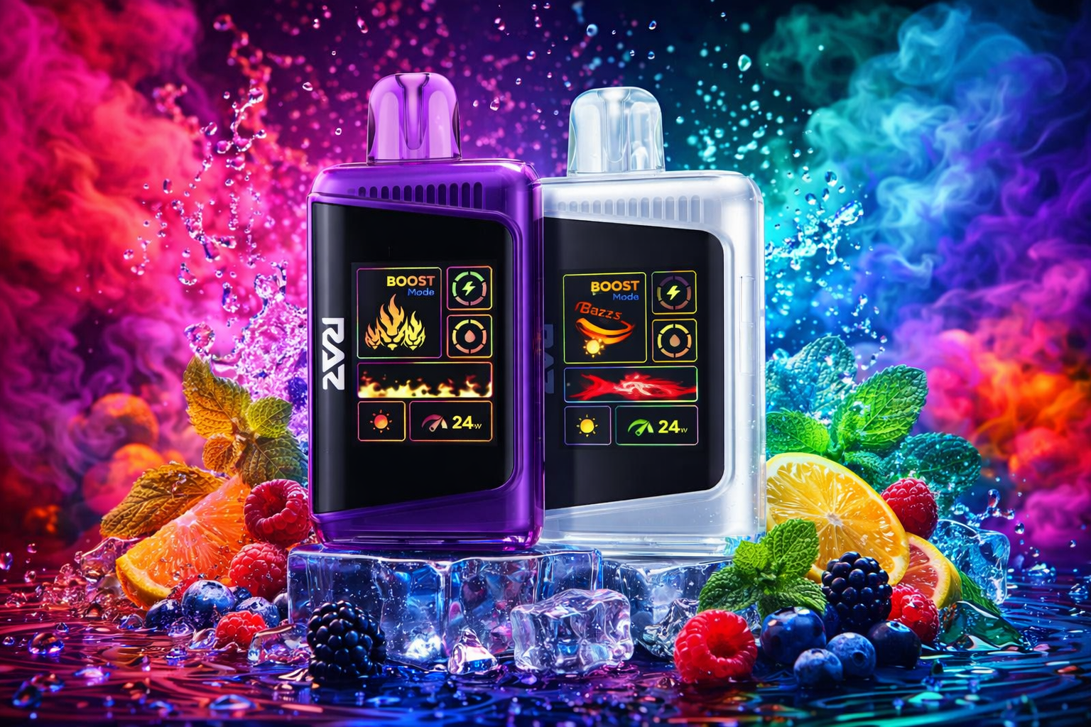 Two sleek “RAZ” vape devices stand side by side on a reflective surface surrounded by ice cubes, fruit, and colorful vapor clouds. The purple device displays fiery icons and “BOOST Mode,” while the white one shows dynamic graphics with “Bazzs” and “24w.” Around them are oranges, lemons, raspberries, blueberries, blackberries, and mint leaves, creating a vibrant, fresh atmosphere. The background bursts with pink, blue, and orange smoke, emphasizing energy, flavor, and modern design.