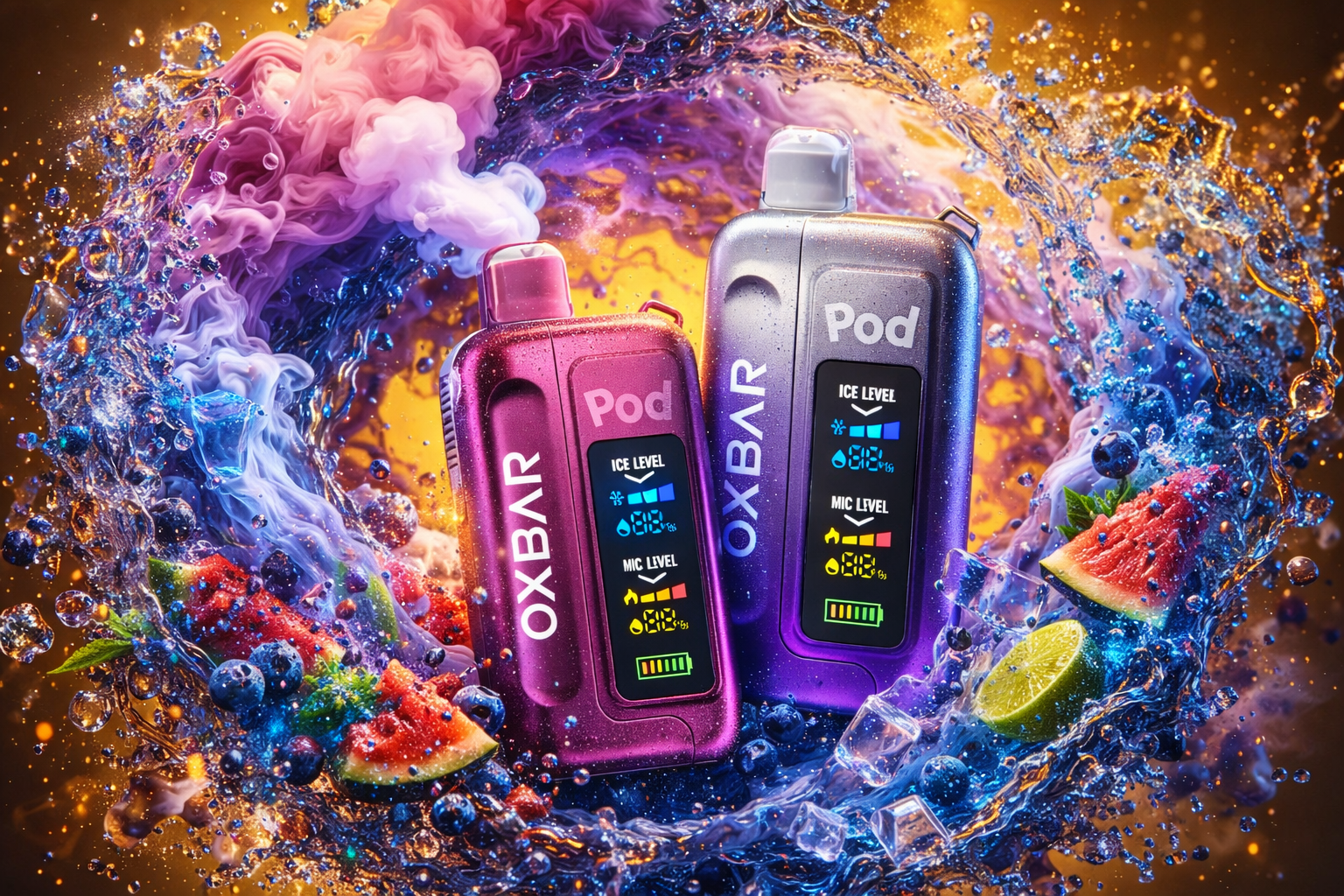 Two Oxbar Pod disposable vape devices are displayed side by side — one in a sparkling magenta/pink finish and one in a deep purple gradient — both featuring a prominent LCD screen displaying unique 
