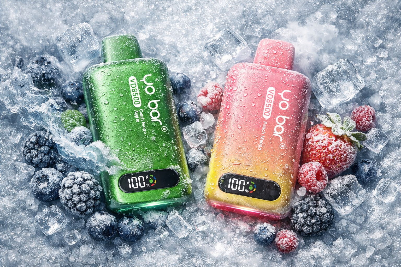Two YO BAR vape devices lie on a frosty surface surrounded by ice cubes and frozen berries. The left device, in bright green, labeled “Green Mango,” is covered with condensation droplets and surrounded by icy blackberries and blueberries, evoking a cool, refreshing feel. The right device, in a gradient of pink and yellow, labeled “Peach Mango,” rests among frozen strawberries and raspberries, symbolizing fruity sweetness. The composition highlights vibrant color contrast and a crisp, chilled atmosphere that emphasizes flavor and freshness.