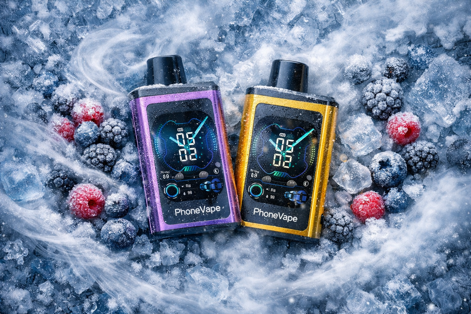 Two electronic vape devices labeled “PhoneVape” lie side by side on a frosty surface covered with ice cubes and frozen berries. The left device, in metallic purple, and the right one, in golden yellow, both display illuminated digital screens with futuristic blue graphics and numbers. Around them are raspberries, blueberries, and blackberries coated in frost, creating a cold, refreshing atmosphere. The composition emphasizes sleek design and a chill aesthetic that evokes cool flavor and high‑tech style.