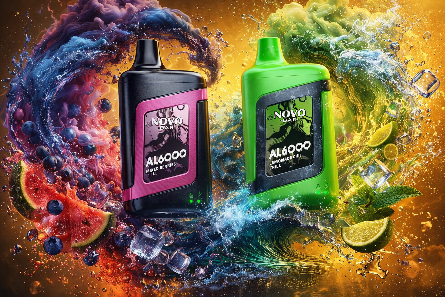 Two NOVO BAR AL6000 vape devices are featured side by side in a vibrant, high-energy composition. The left device, in magenta and black, is surrounded by splashes of mixed berries, watermelon, and ice, evoking a sweet and fruity sensation. The right device, in bright green, is framed by lime slices, mint leaves, and cool water swirls, symbolizing freshness and chill. The contrasting warm and cool color waves create a dynamic visual balance that highlights flavor intensity and modern design.