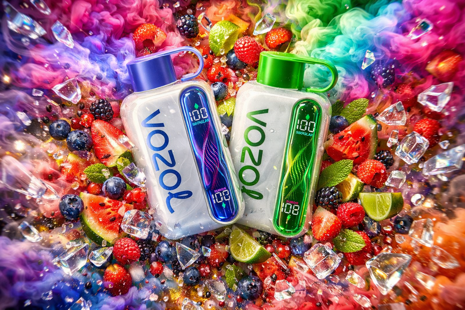 Two VOZOL vape devices lie side by side on a vibrant background filled with colorful fruits, ice cubes, and swirling rainbow vapor. The left device, with a blue cap and glowing blue display, is surrounded by strawberries, blueberries, and purple mist, evoking cool berry freshness. The right device, with a green cap and luminous green display, rests among watermelon slices, lime wedges, mint leaves, and red berries, symbolizing tropical sweetness and energy. The composition bursts with vivid color and dynamic motion, highlighting sleek design and flavor intensity.