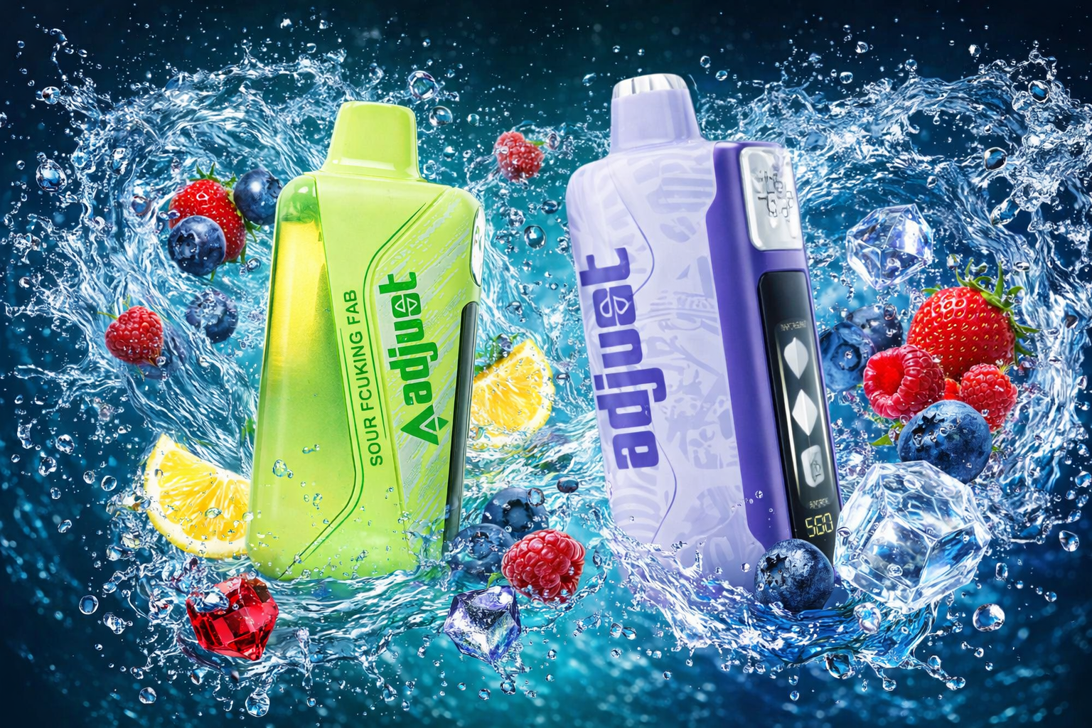 Two colorful vape devices stand amid splashing water, fruit, and ice cubes against a deep blue background. The lime-green “Adjuet Sour Fcuking Fab” device glows beside the lavender “Adjuet” model with a digital display showing “550.” Around them swirl strawberries, blueberries, raspberries, lemon slices, and sparkling gems, creating a dynamic, refreshing composition that emphasizes flavor and energy.