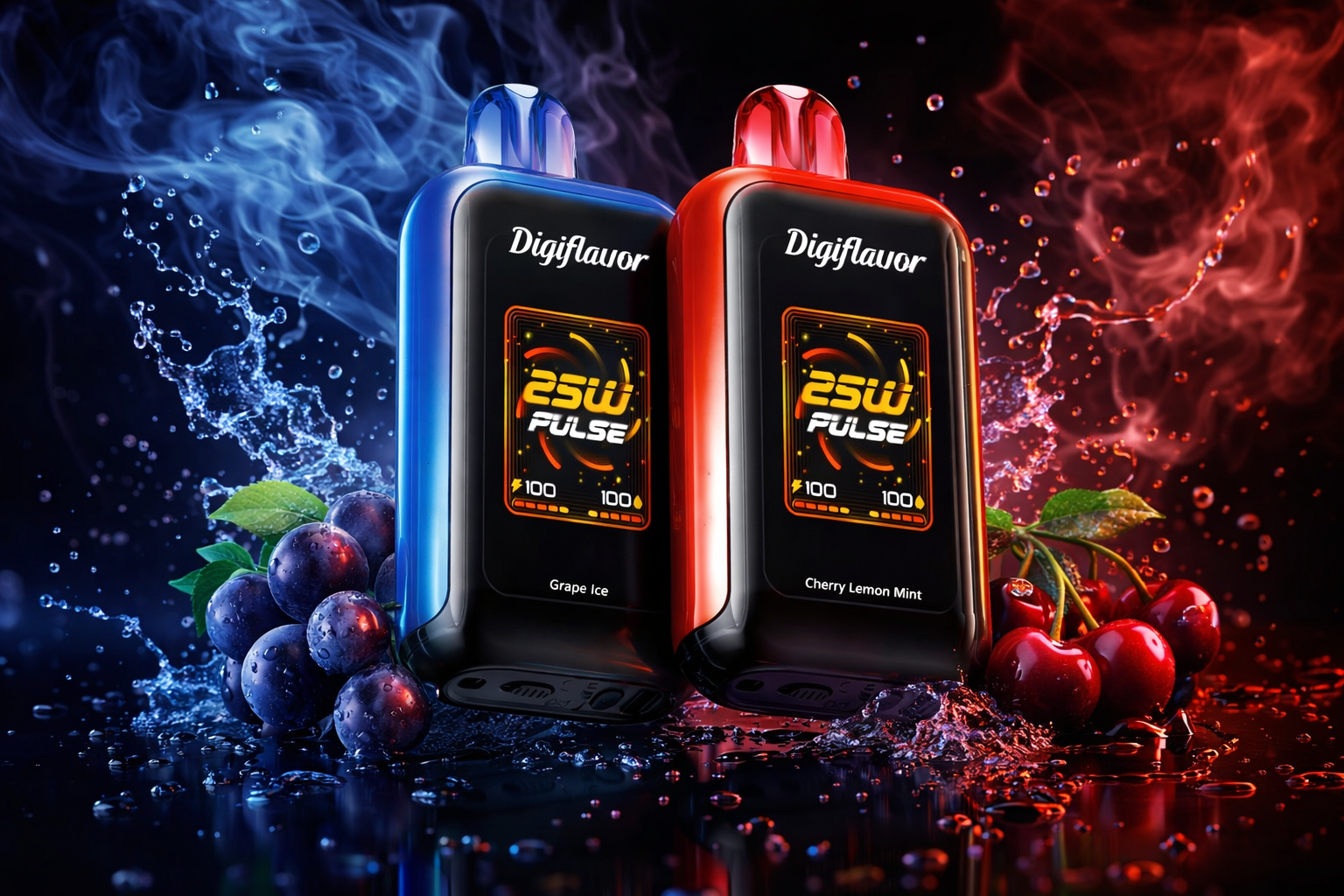 The image shows two vape devices labeled “Digiflavor,” each surrounded by splashing liquid and matching fruit elements. The blue device represents the Grape Ice flavor with grapes and cool blue tones, while the red device highlights Cherry Lemon Mint with cherries and red liquid effects. Both devices display “25W Pulse” and “100” indicators on their screens. The contrasting colors and dynamic splashes create an energetic, flavor‑focused visual.