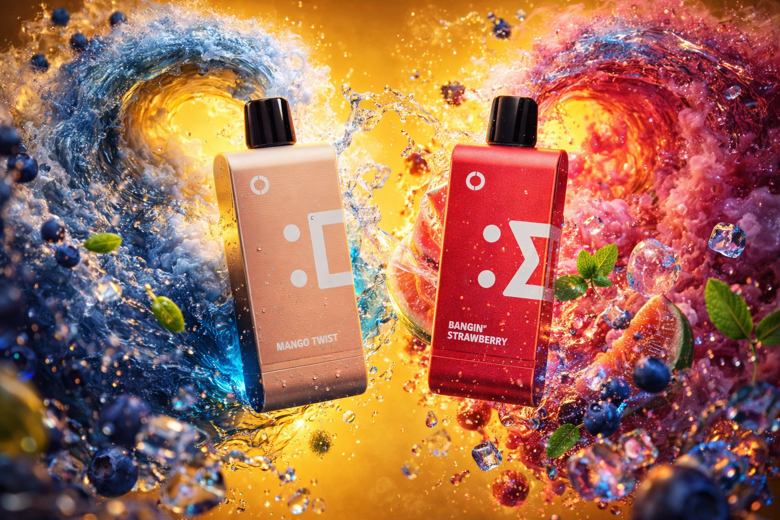 Two sleek vape devices stand side by side in a vivid, high-energy composition. The left one, labeled “Mango Twist,” glows in warm peach tones surrounded by swirling blue waves, blueberries, and citrus elements. The right one, “Bangin’ Strawberry,” shines in red hues amid pink and purple splashes with strawberries, watermelon slices, mint leaves, and ice cubes. The golden background and dynamic motion convey freshness, flavor intensity, and a bold tropical contrast.
