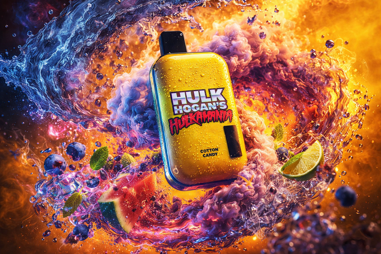 A bright yellow Hulk Hogan’s Hulkamania Cotton Candy vape device is featured in a dynamic, fiery composition. The device stands out against swirling waves of orange, purple, and blue vapor, surrounded by splashes of liquid, blueberries, mint leaves, watermelon slices, and lime wedges. The bold red and white logo evokes energy and nostalgia, while the vibrant background suggests sweetness and intensity. The overall image conveys a sense of power, flavor explosion, and retro-inspired excitement.