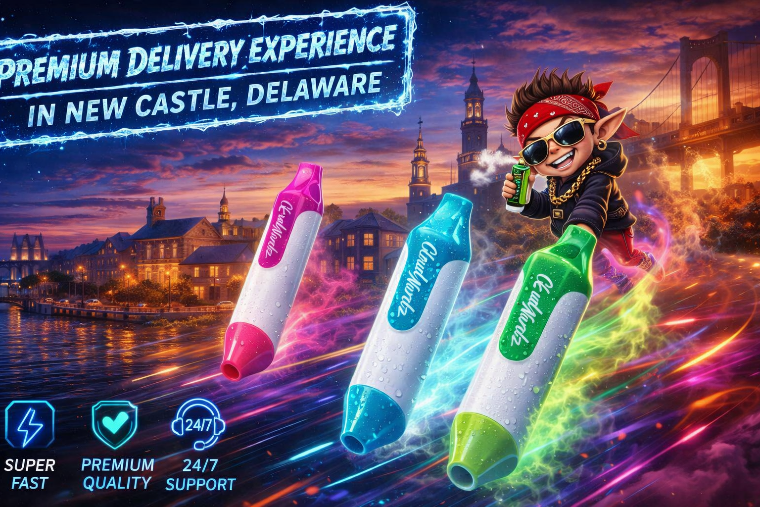 A dynamic digital artwork promoting a vape delivery service in New Castle, Delaware. A cartoon character with sunglasses, gold chain, and red bandana rides through a glowing cityscape at sunset while exhaling vapor and holding a green vape labeled “CloudWorx.” Three large colorful vapes—pink, blue, and green—float beside him, surrounded by bright neon light trails over the water. The banner reads “Premium Delivery Experience in New Castle, Delaware,” with icons for “Super Fast,” “Premium Quality,” and “24/7 Support.”