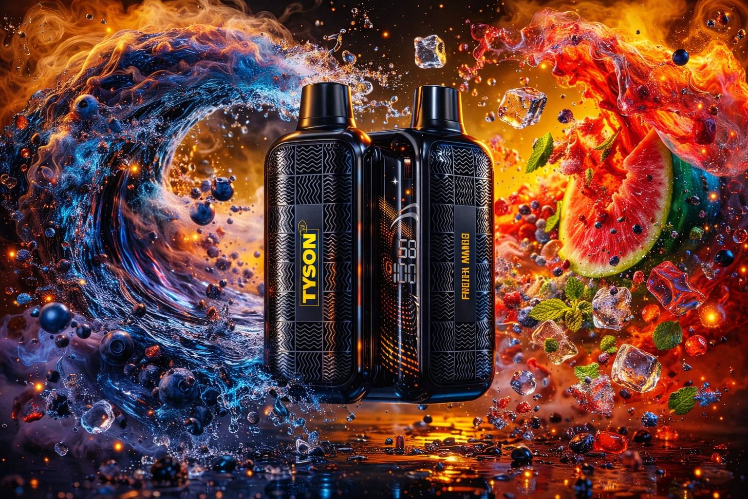 Two Tyson vape devices stand side by side in the center of a dramatic composition, surrounded by swirling waves of fire and water. The left side glows with cool blue tones and floating blueberries and ice cubes, while the right bursts with fiery orange hues, watermelon slices, mint leaves, and berries. The devices feature a sleek black design with geometric patterns, yellow branding, and a digital display showing “56 HUD.” The image conveys a powerful contrast between freshness and intensity, highlighting the premium, high‑energy aesthetic of the products.