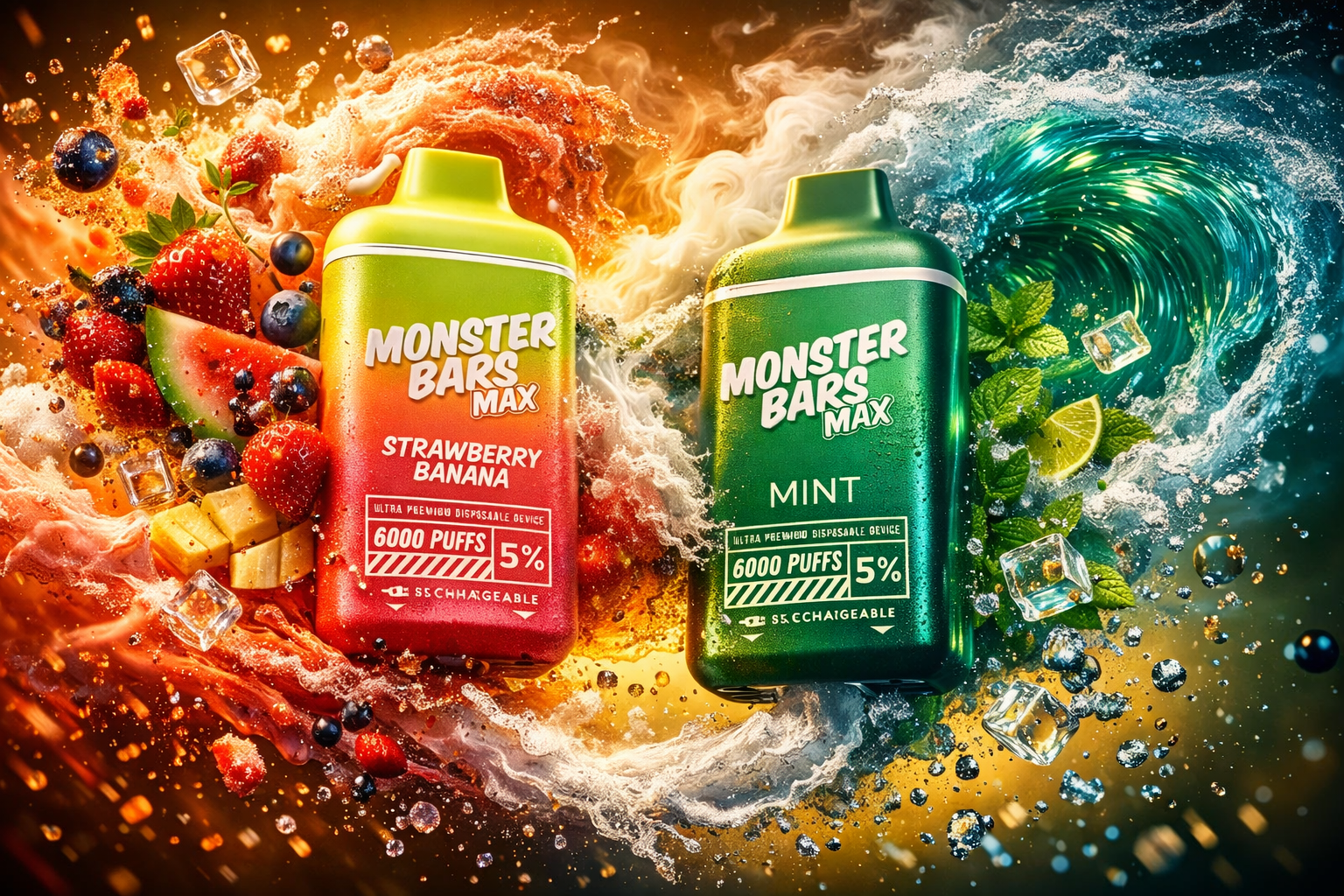 Two Monster Bars Max vape devices are displayed side by side in a vivid, high-energy composition. The left device, in red and yellow labeled Strawberry Banana, is surrounded by strawberries, banana slices, blueberries, watermelon pieces, and splashes of red liquid, evoking fruity sweetness. The right device, in metallic green labeled Mint, is framed by mint leaves, lime wedges, ice cubes, and swirling green waves, symbolizing cool freshness. The dynamic contrast of warm and cool tones highlights flavor intensity and modern design.