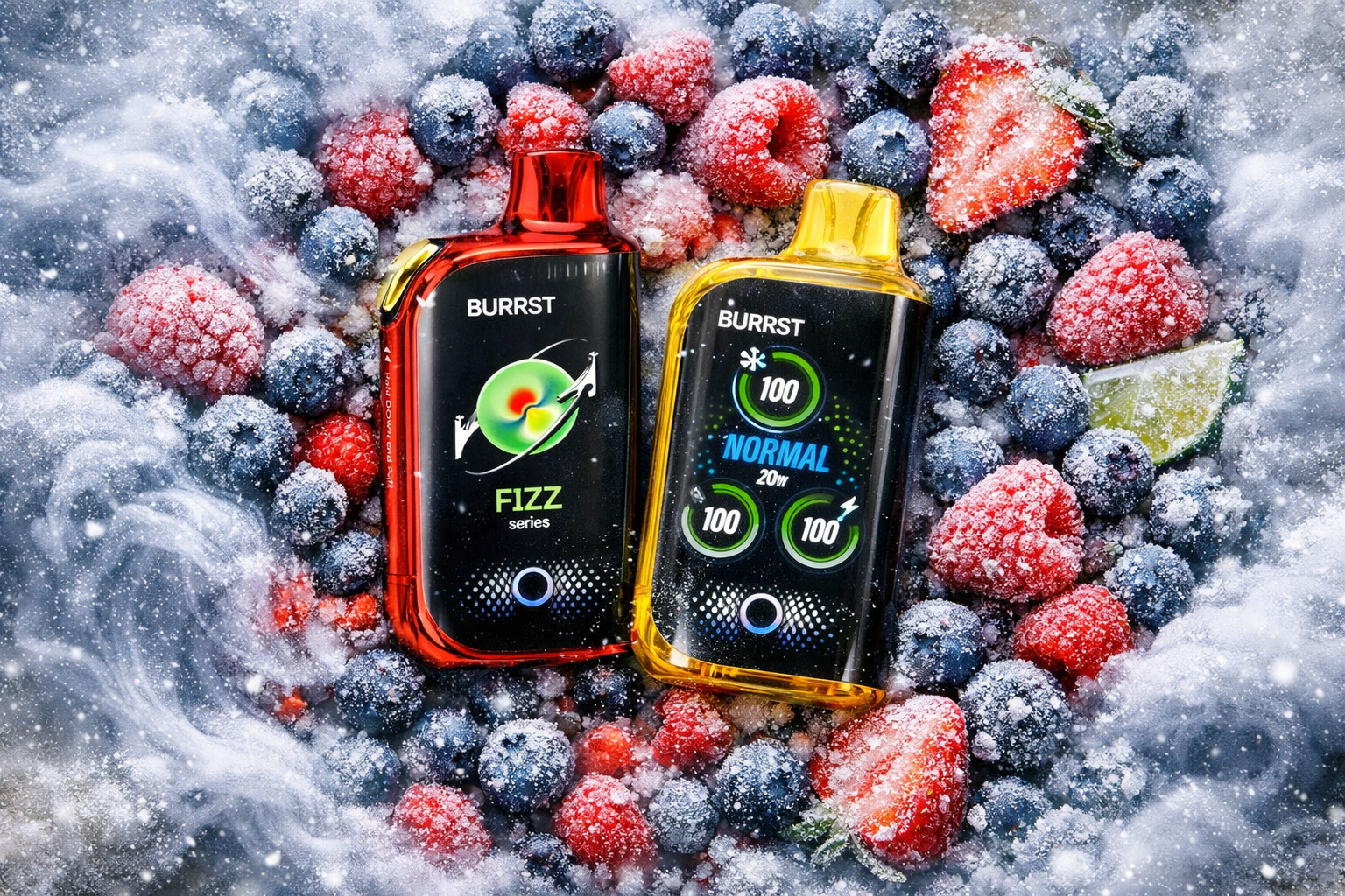 Two sleek vape devices labeled “BURRST” rest on a frosty bed of berries, including strawberries, raspberries, blueberries, and lime slices. The left device, in metallic red, displays the text “FIZZ series” with a glowing green‑and‑red circular graphic, while the right one, in golden yellow, shows “NORMAL 20w” with digital indicators reading “100.” Frost and mist surround the fruits, creating a cold, refreshing atmosphere. The composition highlights the contrast between vibrant technology and natural frozen textures, evoking a sense of cool flavor and energy.
