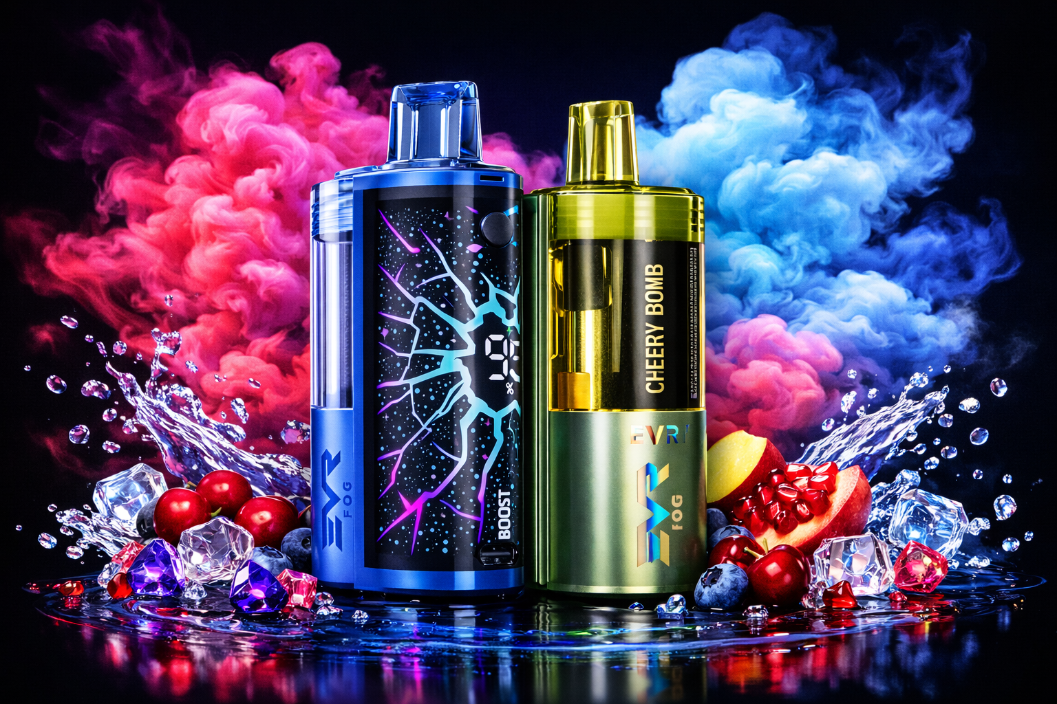 Two futuristic “EVR Fog” vape devices stand side by side on a reflective surface surrounded by splashing water, fruits, and colorful smoke. The blue device features a lightning-inspired design with glowing purple and white lines, while the gold-green “Cheery Bomb” device has a sleek metallic finish. Around them are cherries, blueberries, pomegranate seeds, apple slices, and sparkling crystals, creating a dynamic composition that emphasizes freshness, flavor, and modern style. The contrasting pink and blue vapor clouds add energy and visual impact to the scene.