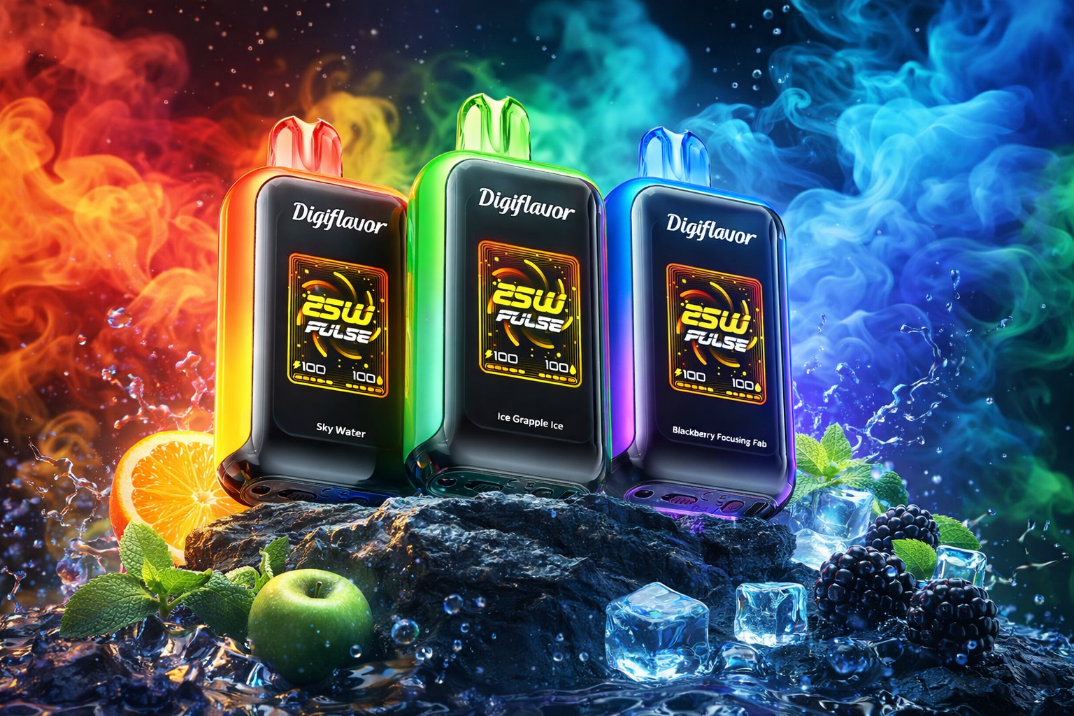 Three “Digiflavor” vape devices stand side by side on a wet, rocky surface surrounded by fruit, ice cubes, and colorful vapor. The orange-red “Sky Water,” green “Ice Grapple Ice,” and blue “Blackberry Focusing Fab” devices glow with bright digital displays reading “25W Pulse.” Around them are oranges, apples, mint leaves, and blackberries, creating a dynamic composition that highlights freshness and flavor. The background bursts with fiery red, green, and blue smoke, emphasizing energy and modern design.