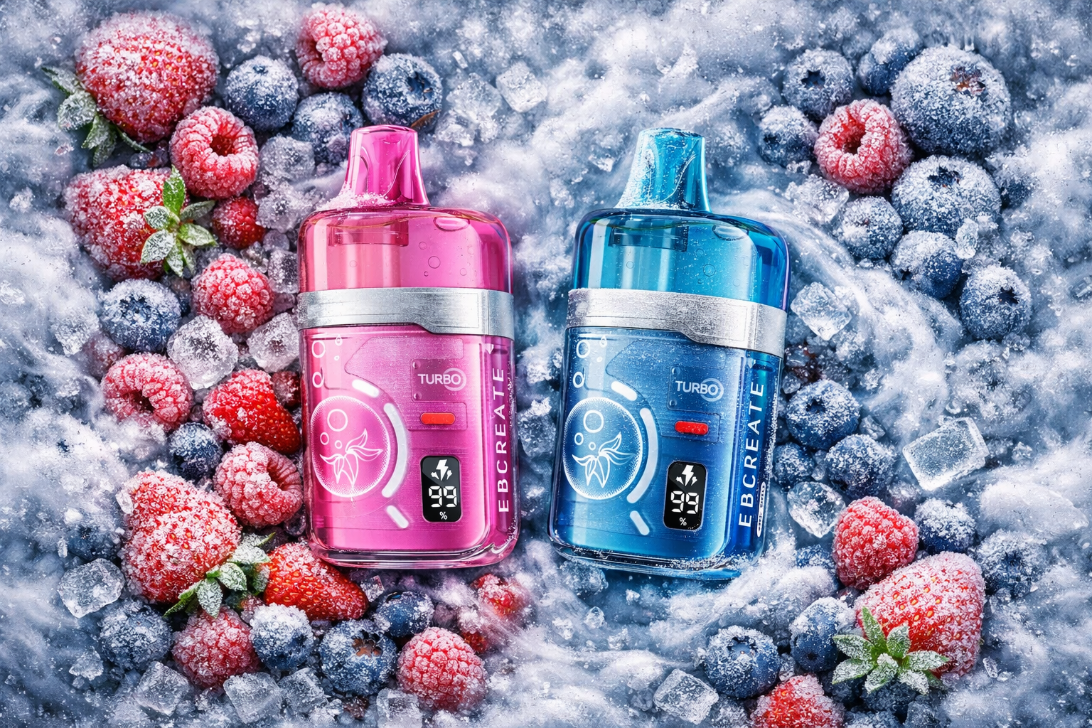 Two EB Create Turbo vape devices rest on a frosty bed of ice and frozen berries. The pink and blue models glisten with condensation, surrounded by icy strawberries, raspberries, and blueberries that emphasize a cold, refreshing aesthetic. Frost crystals and soft lighting create a crisp, winter‑like atmosphere that evokes cool flavor intensity. The composition highlights the sleek metallic design and vibrant color contrast of the products.