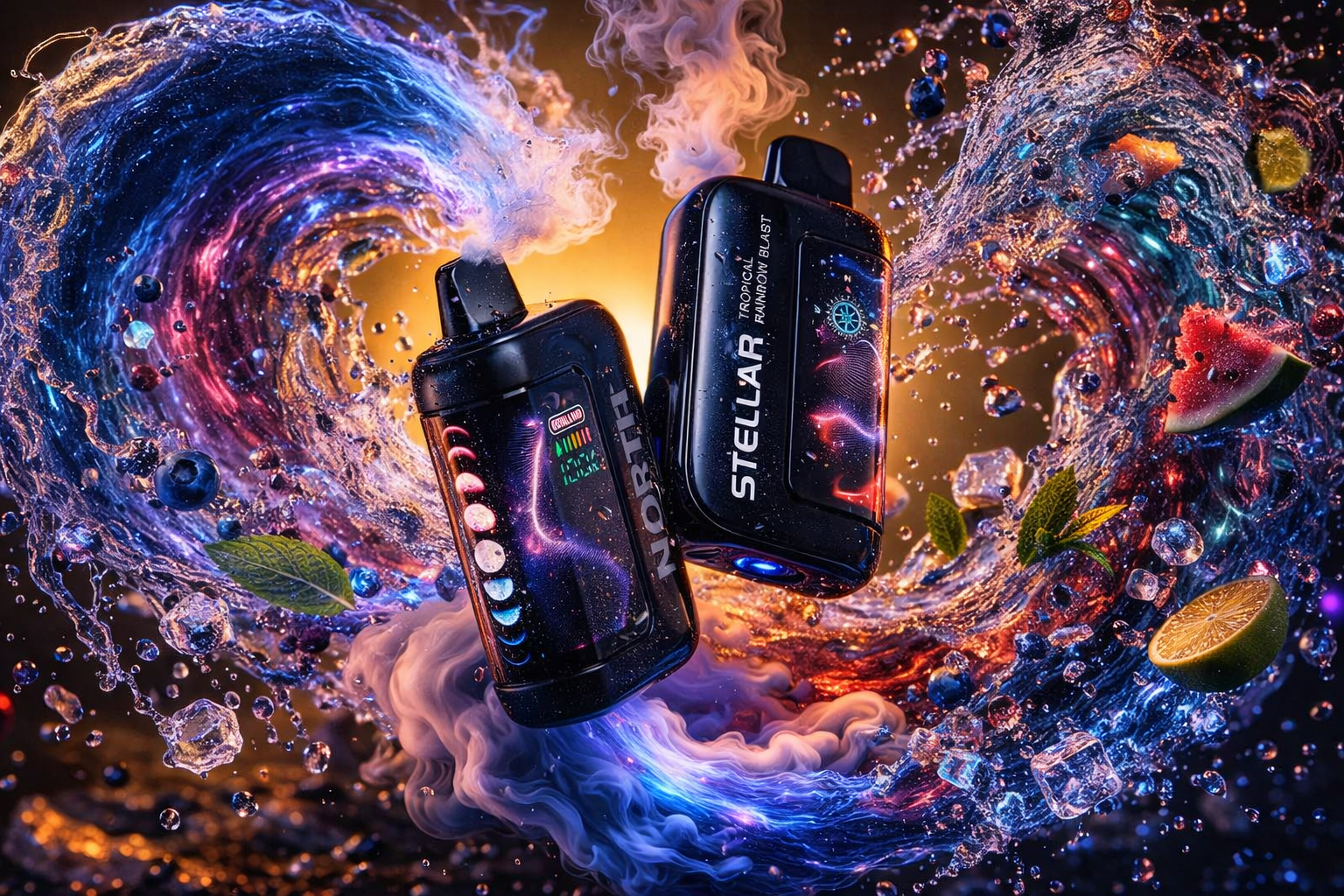 Two futuristic vape devices float amid swirling waves of cosmic liquid and vapor, glowing with galactic colors. The left device, labeled “North,” features moon phase icons and a digital display, while the right one, “Stellar Tropical Rainbow Blast,” shows a starry design with a snowflake symbol. Around them, water splashes mix with blueberries, lime slices, watermelon pieces, mint leaves, and ice cubes, creating a dynamic sense of motion. The composition blends space and freshness, evoking energy, flavor, and modern design through vibrant light and contrast.