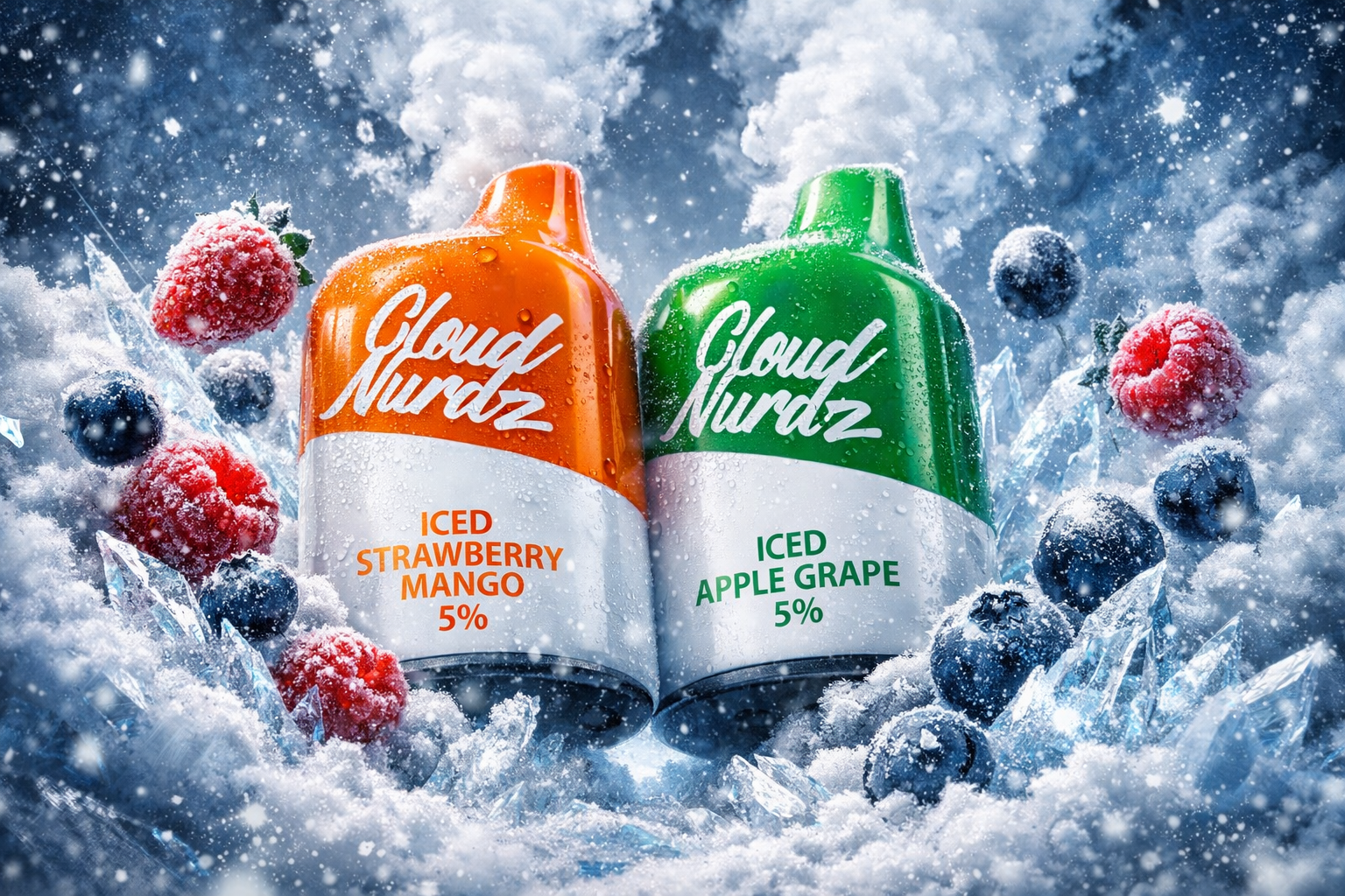 Two colorful vape devices labeled “Cloud Nurdz” stand side by side in a frosty, snow‑covered setting surrounded by frozen berries and shards of ice. The orange device displays the flavor “Iced Strawberry Mango,” while the green one shows “Iced Apple Grape,” both marked 5%. Mist rises from their tops, emphasizing the chilled, refreshing theme. The composition combines vibrant color contrast and icy textures to evoke a crisp, cool sensation and fruity freshness.