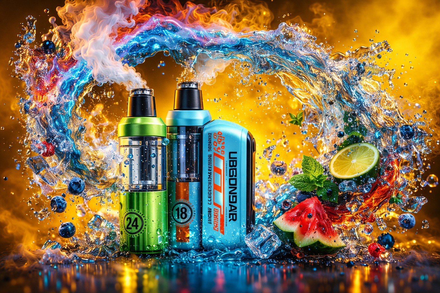 Three colorful vape devices stand amid a dramatic splash of water and vapor against a glowing golden background. The metallic green and blue cylinders emit thick clouds of vapor, while fruit elements—watermelon, lime, mint, and blueberries—burst around them with droplets and ice cubes. The device labeled “UBGONGAR” adds a futuristic accent to the composition. The image conveys freshness, energy, and a premium, tropical vibe through its vivid motion and contrast.