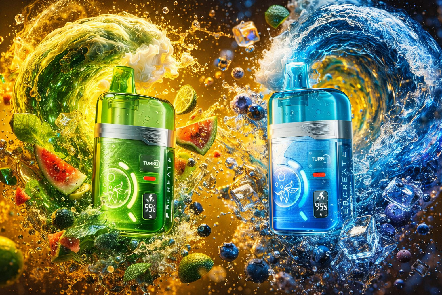 Two EB CREATE Turbo vape devices are displayed in a dynamic, high-energy composition. The left device, in bright green, is surrounded by golden waves, watermelon slices, lime halves, mint leaves, and droplets, symbolizing a fresh tropical burst. The right device, in electric blue, is framed by cool blue swirls, ice cubes, blueberries, and splashes of water, evoking an icy, refreshing sensation. The contrasting warm and cold tones create a visually striking balance of flavor and technology.