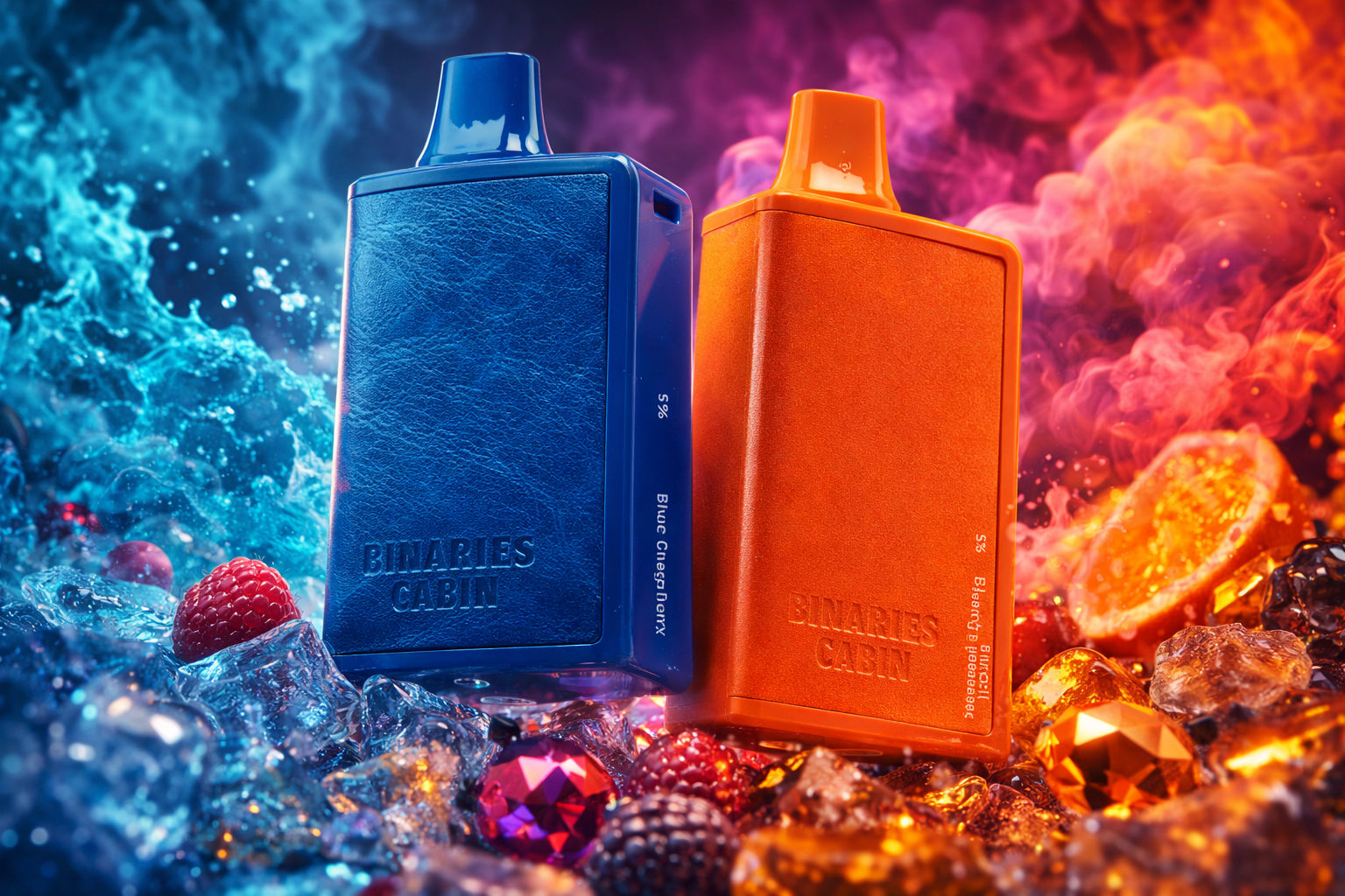The image shows two rectangular vape devices labeled “Binaries Cabin,” placed on a surface covered with ice cubes, berries, and shiny gemstones. The blue device is paired with cool-toned elements, while the orange one appears with warm berry accents. Behind them, vivid blue and red vapor creates a strong contrast and sense of motion. The overall scene highlights bold flavors, bright colors, and a dynamic, energetic aesthetic.