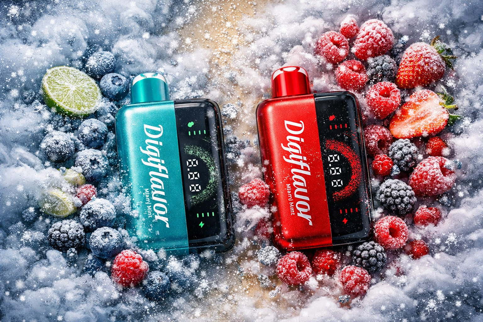 Two Digiflavor vape devices—one turquoise labeled Miami Mint and one red labeled Miami Mintz—rest on a frosty surface surrounded by frozen berries and lime. The scene is filled with icy mist and snowflakes, creating a cold, refreshing atmosphere. Blueberries, raspberries, strawberries, and blackberries glisten with frost, emphasizing the chill and vibrant fruit flavors. The composition contrasts cool blue and warm red tones, symbolizing dual sensations of minty freshness and sweet berry intensity.