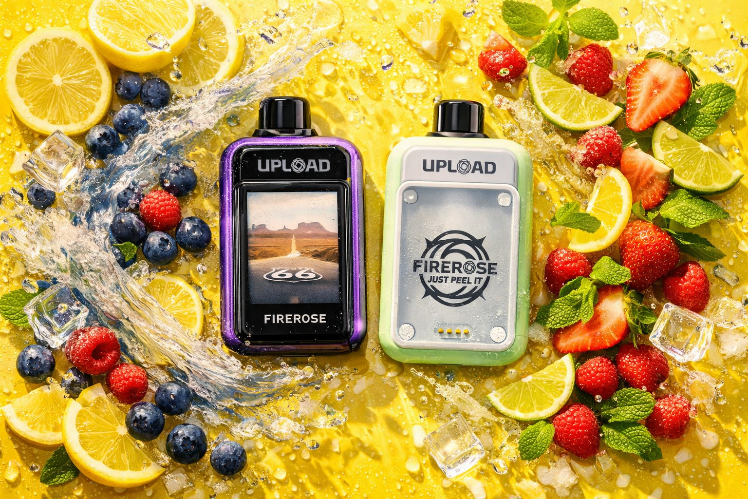 Two sleek vape devices labeled “UPLOAD” are placed on a bright yellow surface surrounded by splashes of water, ice cubes, and fresh fruit. The left device, in metallic purple, displays an image of a desert highway with a Route 66 symbol and the text “FIREROSE.” The right device, in light green, features the logo “FIREROSE Just Peel It.” Around them are lemons, limes, strawberries, raspberries, blueberries, and mint leaves, creating a vibrant, refreshing composition that evokes summer energy and flavor.