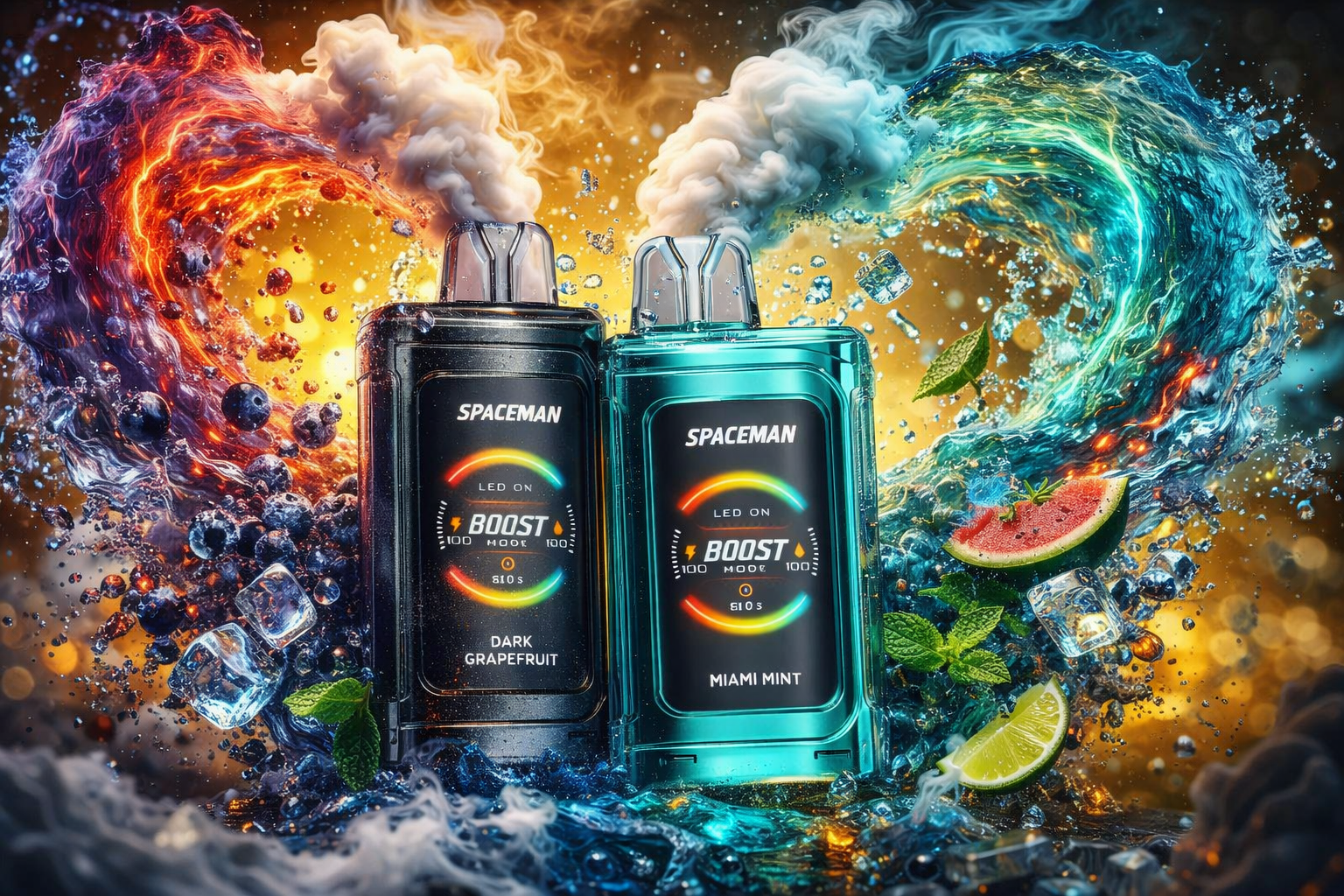 Two “Spaceman” vape devices stand side by side amid swirling waves of vapor, water, and fruit. The left device glows in dark tones labeled “Dark Grapefruit,” surrounded by blueberries, mint leaves, and ice cubes, while the right one shines in turquoise hues labeled “Miami Mint,” with lime slices, watermelon pieces, and splashes of water. Both feature illuminated screens displaying “BOOST MODE” and emit thick clouds of vapor against a fiery orange and cool blue background. The composition contrasts heat and freshness, symbolizing flavor intensity and modern design through vibrant color and motion.