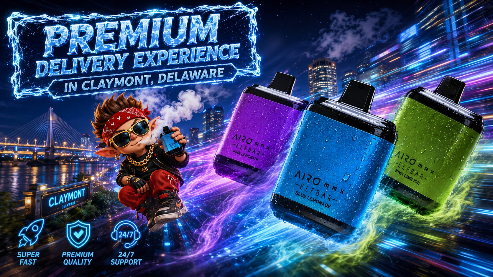 A dynamic digital artwork promoting a vape delivery service in Claymont, Delaware. A cartoon character with sunglasses, gold chain, and red bandana rides through a neon-lit cityscape at night while exhaling vapor and holding a blue vape labeled “AIRO Max ELFBAR.” Three large colorful vapes—purple, blue, and green—float beside him, surrounded by glowing light trails and reflections on the water. The banner reads “Premium Delivery Experience in Claymont, Delaware,” with icons for “Super Fast,” “Premium Quality,” and “24/7 Support.”