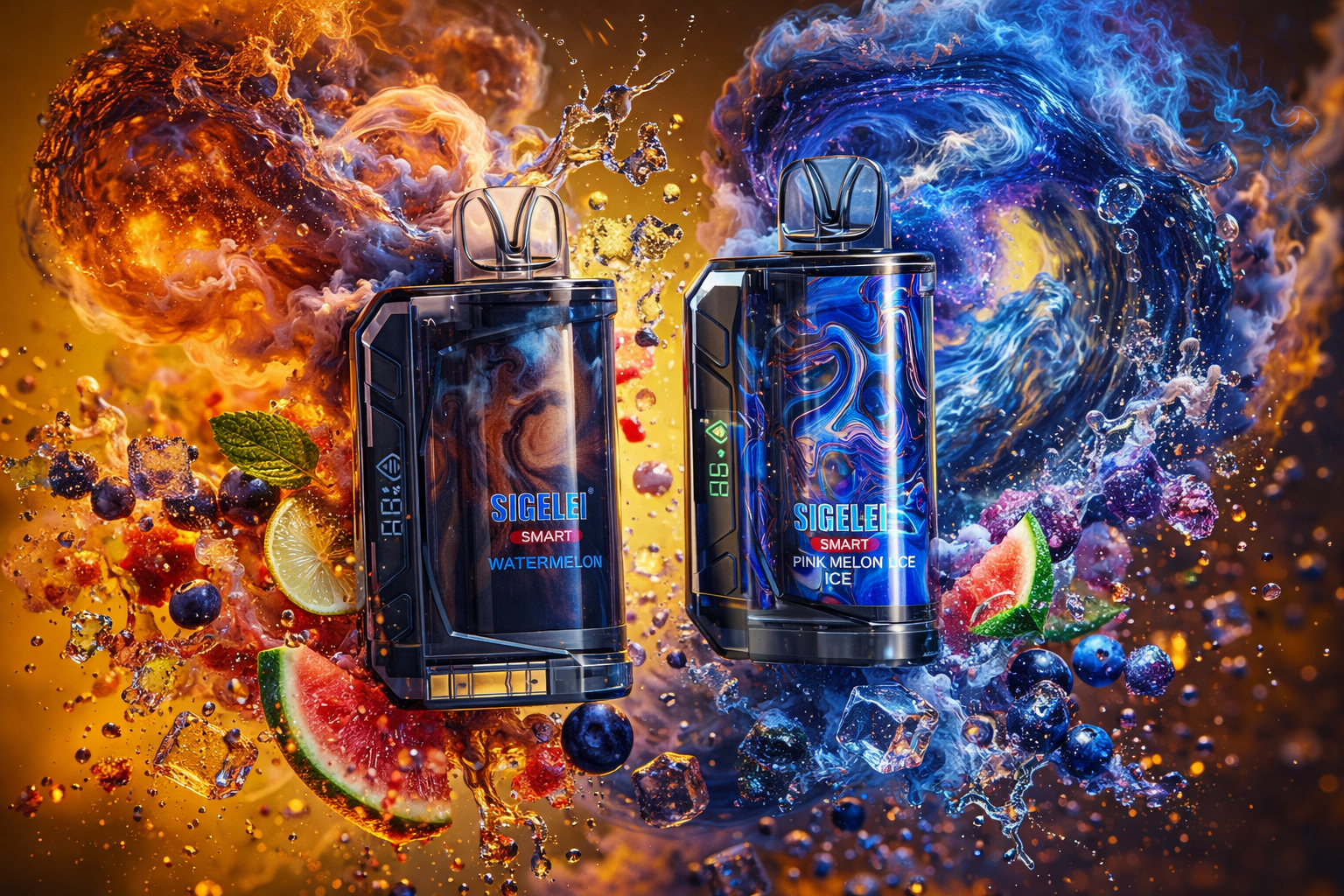 Two futuristic vape devices labeled “Sigelei Smart” stand side by side against a vibrant backdrop of swirling orange and blue liquid waves. The left device, Watermelon, glows amid fiery orange tones with splashes of fruit, mint, and lime, while the right, Pink Melon Ice, is surrounded by cool blue swirls and icy fragments. Watermelon slices, blueberries, and droplets of vapor accentuate the dynamic contrast between warmth and chill. The composition radiates energy and sophistication, highlighting the bold flavor themes through color and motion.
