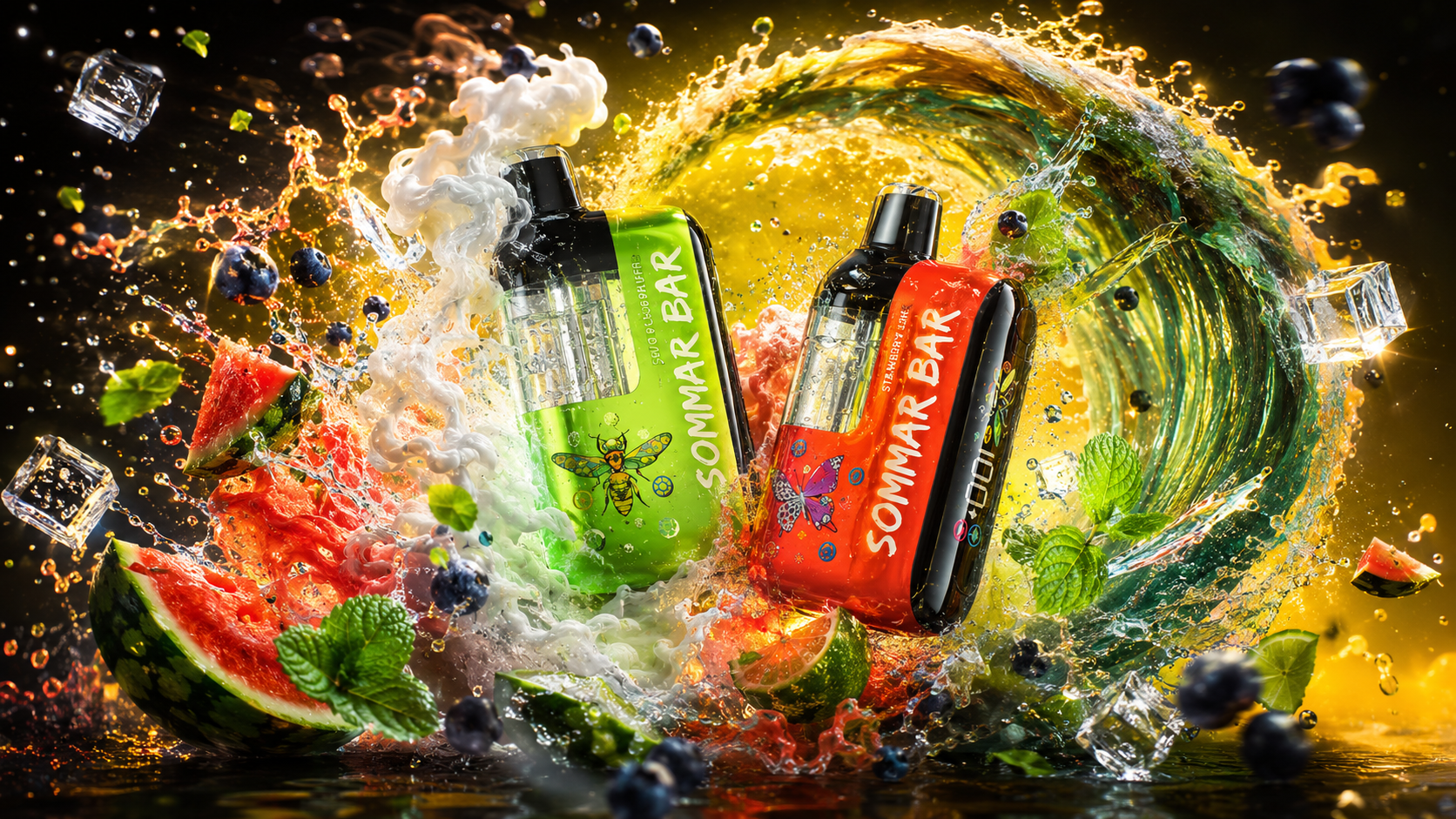 Two SOMMAR BAR vape devices are featured in a vivid, high-energy composition. The left device, in bright green with a bee illustration, and the right device, in red with a butterfly design, stand amid splashes of water, vapor, and glowing yellow light. Around them swirl watermelon slices, blueberries, mint leaves, lime wedges, and ice cubes, creating a sense of freshness and flavor explosion. The dynamic motion and vibrant colors emphasize summer energy, fruity taste, and modern design.