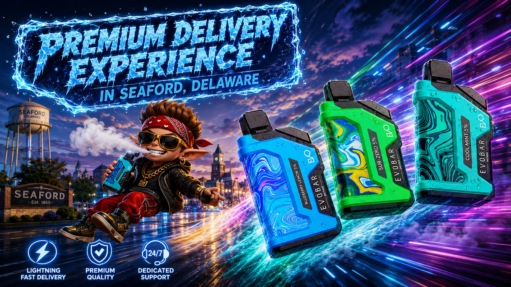 A vibrant digital illustration shows a futuristic nighttime cityscape of Seaford, Delaware, with glowing buildings, a water tower labeled “Seaford Delaware,” and neon light trails across the sky. In the foreground, three large Evobar vape devices—blue (Blueberry Lemon), green (Sub‑Zero), and turquoise (Cool Mint)—appear covered in water droplets, surrounded by dynamic energy streaks. A cartoon character wearing sunglasses, a red bandana, and gold chains rides a hoverboard while holding a blue vape, exhaling vapor with a confident grin. The image features bold text reading “Premium Delivery Experience in Seaford, Delaware” and icons for lightning‑fast delivery, premium quality, and 24/7 dedicated support, creating a high‑energy promotional scene.