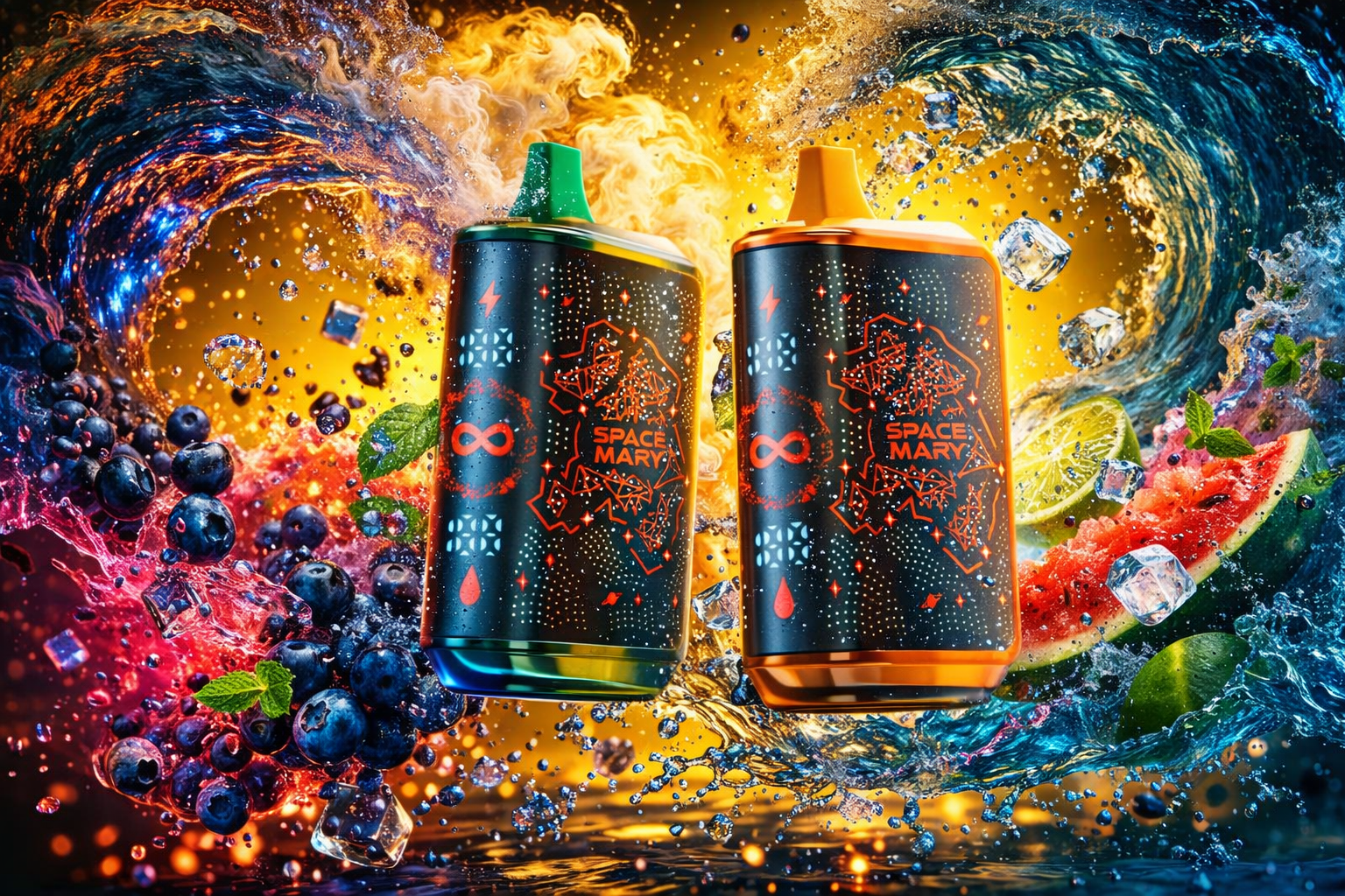 Two cylindrical SPACE MARY vape devices stand side by side in a vivid, futuristic composition. The left device has a green top, while the right one features an orange top, both with black bodies decorated in glowing red geometric patterns and digital icons. Surrounding them are dynamic splashes of liquid, blueberries, watermelon slices, lime, mint leaves, and ice cubes, creating a sense of freshness and motion. The fiery orange center contrasts with cool blue waves, emphasizing energy, flavor, and modern design.