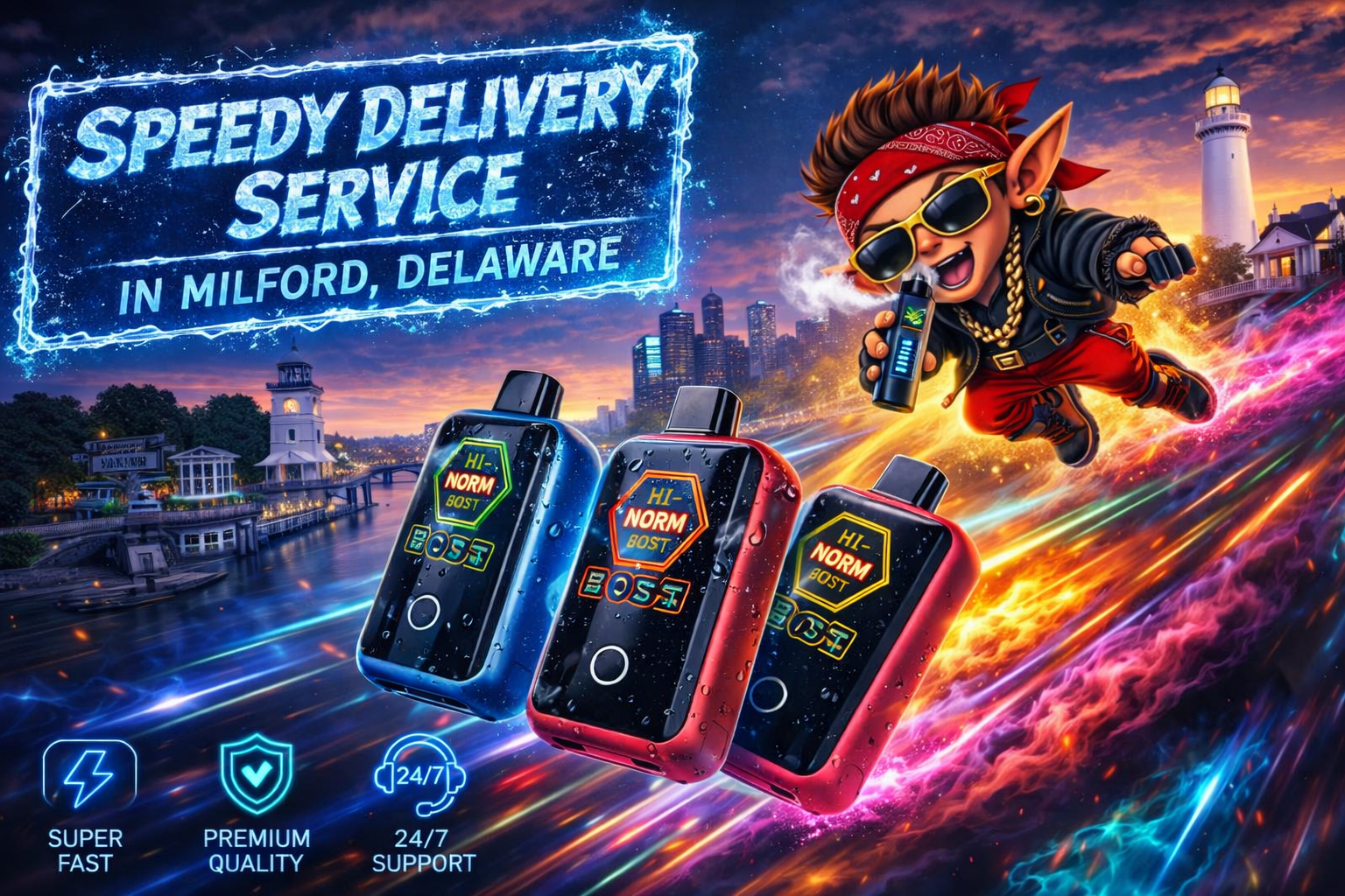 A dynamic digital artwork promoting a vape delivery service in Milford, Delaware. A cartoon character with sunglasses, gold chain, and red bandana speeds through a glowing cityscape at sunset while exhaling vapor and holding a black vape labeled “Hi‑Norm Boost.” Three large vapes in blue and red float beside him, surrounded by colorful neon light trails across a river reflecting the city lights. The banner reads “Speedy Delivery Service in Milford, Delaware,” with icons for “Super Fast,” “Premium Quality,” and “24/7 Support.”