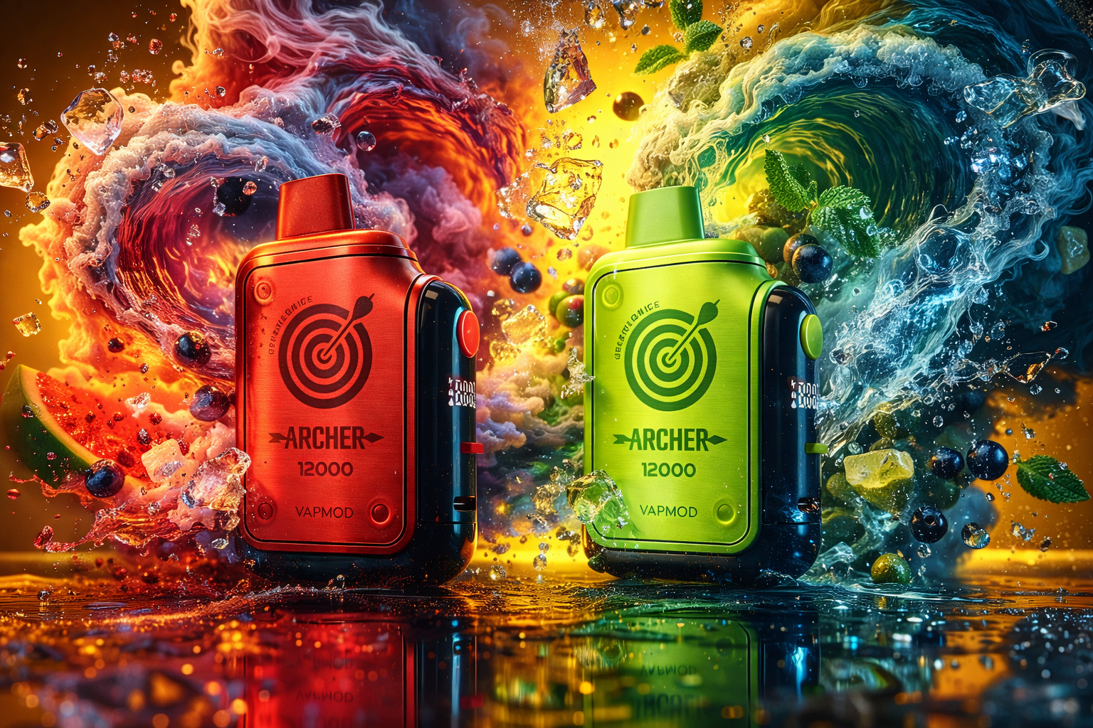 Two Vapmod Archer 12000 vape devices stand side by side on a reflective surface, surrounded by dynamic splashes of color and liquid. The left device is bright red labeled “Dragonbridge,” while the right one is neon green marked “Greenlionice.” Behind them, swirling clouds of fiery orange and cool blue water mix with fruit slices, mint leaves, blueberries, and ice cubes, symbolizing contrasting flavor sensations. The composition radiates energy, freshness, and a bold, modern aesthetic.