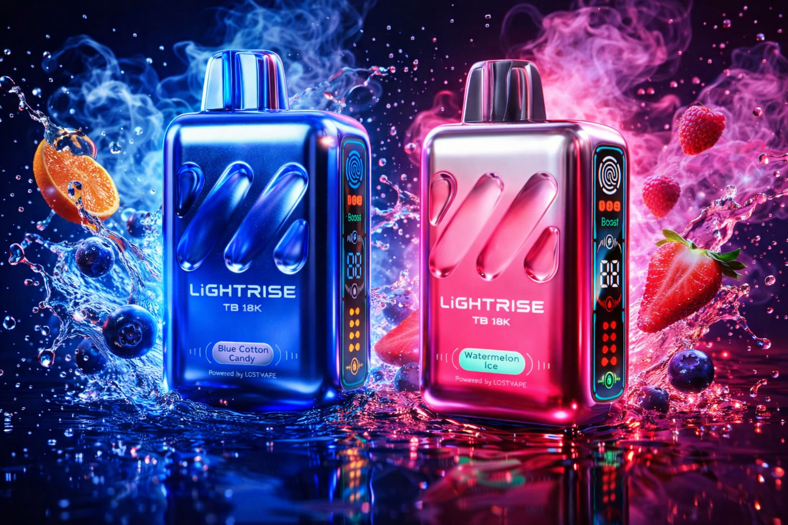 Two metallic vape devices stand side by side on a reflective surface surrounded by splashing water, fruit, and colorful vapor. The blue “Lightrise TB 18K Blue Cotton Candy” device glows with cool tones and blueberries, while the pink “Lightrise TB 18K Watermelon Ice” shines amid strawberries and raspberries. Both feature sleek, futuristic designs with illuminated digital displays, creating a dynamic, high-energy composition that emphasizes freshness and modern style.