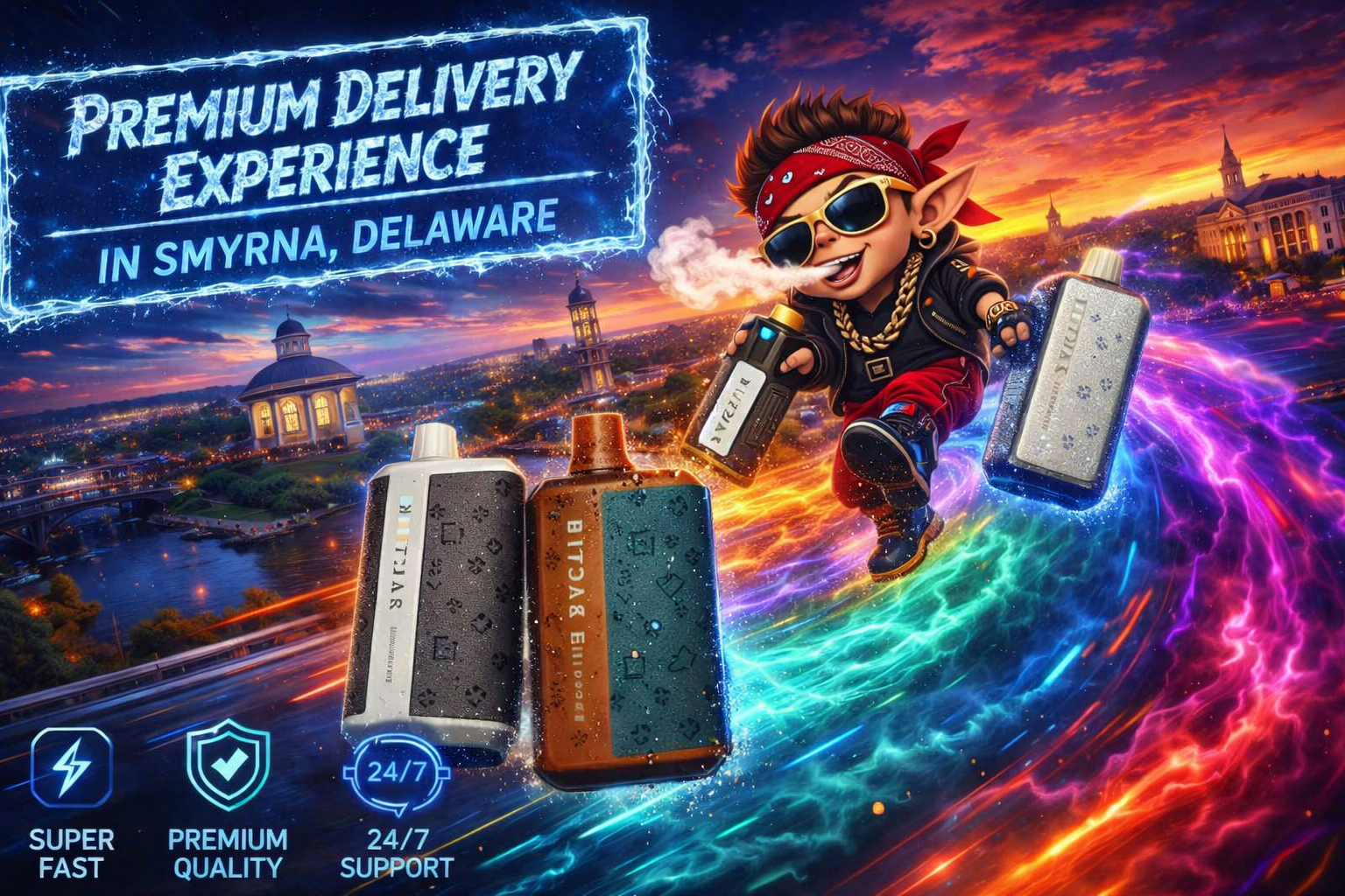 A dynamic digital artwork advertising a vape delivery service in Smyrna, Delaware. A cartoon character with sunglasses, gold chain, and red bandana rides through a glowing cityscape at sunset while exhaling vapor and holding a black vape labeled “BITTAR.” Several large vapes in black, brown, and silver float beside him, surrounded by swirling neon light trails in orange, blue, and purple. The banner highlights “Super Fast,” “Premium Quality,” and “24/7 Support” with bright blue icons.