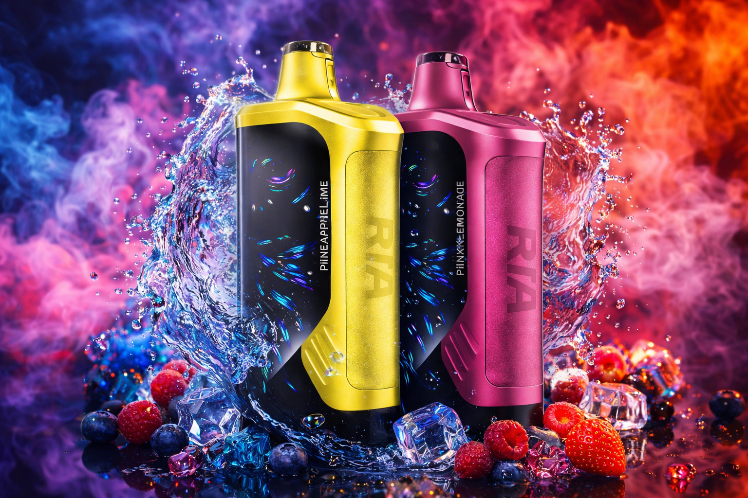 The image shows two colorful vape devices labeled “RIA,” surrounded by splashing water, ice cubes, and assorted berries. The yellow device represents the Pineapple Lime flavor, while the pink one highlights Pink Lemonade. Vibrant blue, purple, and red tones swirl in the background, creating a dynamic, energetic atmosphere. The overall scene emphasizes freshness, bold color contrast, and fruity flavor themes.