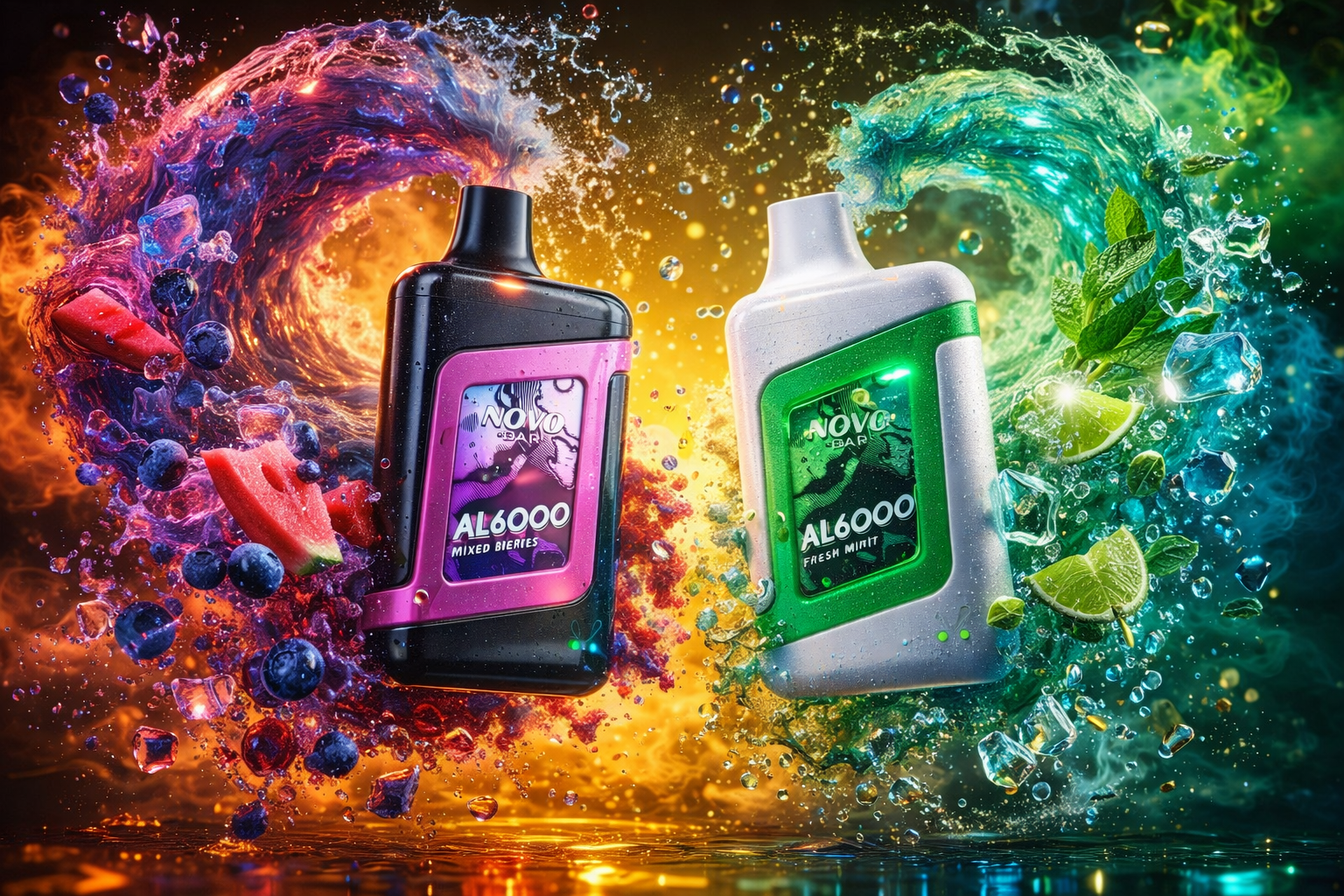 Two NOVO Bar AL6000 disposable vape devices displayed against a spectacular backdrop of swirling purple-red flames on the left and vibrant teal-green water waves on the right, meeting in a golden glowing center. The left device features a matte black body with a vivid pink/purple accent frame and a graphic label reading 'Mixed Berries,' while the right showcases a clean white body with a bright green accent frame labeled 'Fresh Mint,' both with a recessed display panel and LED indicator lights. Fresh blueberries, watermelon slices, and ice cubes are scattered around the left device, while mint leaves, lime wedges, and crystal-clear ice cubes surround the right, perfectly complementing each flavor's identity. The bold elemental contrast between fiery warm tones and cool aquatic greens creates a visually stunning composition that powerfully distinguishes the two flavor profiles