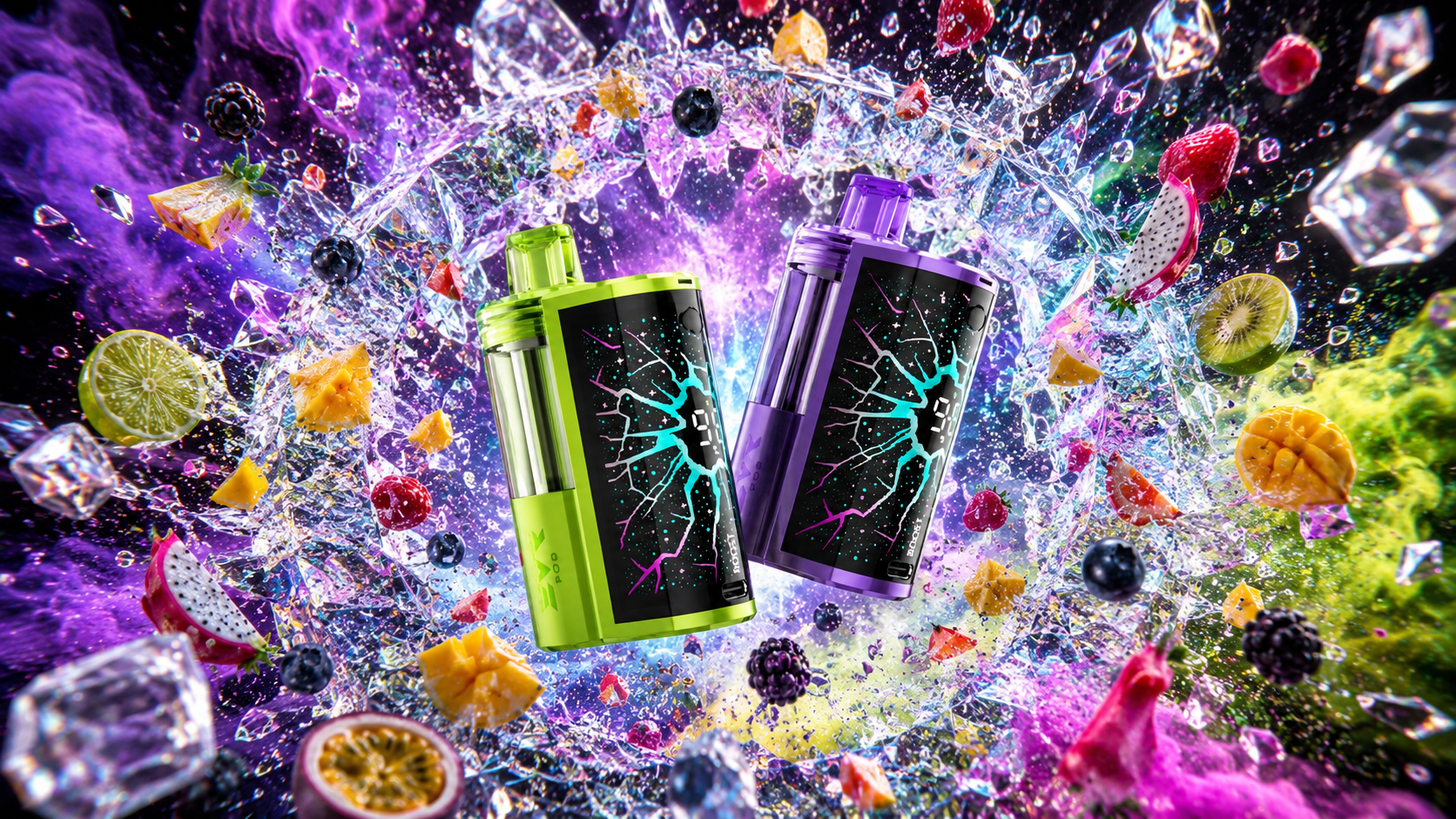 Two sleek vape devices, one green and one purple, stand against a vibrant background of swirling vapor clouds. Their illuminated screens feature lightning-like crack patterns, surrounded by splashes of liquid, ice cubes, and fruits including lime, pineapple, kiwi, strawberry, dragon fruit, mango, raspberry, blueberry, and passion fruit. The dynamic composition with purple, green, and yellow tones emphasizes freshness, energy, and bold flavor variety.